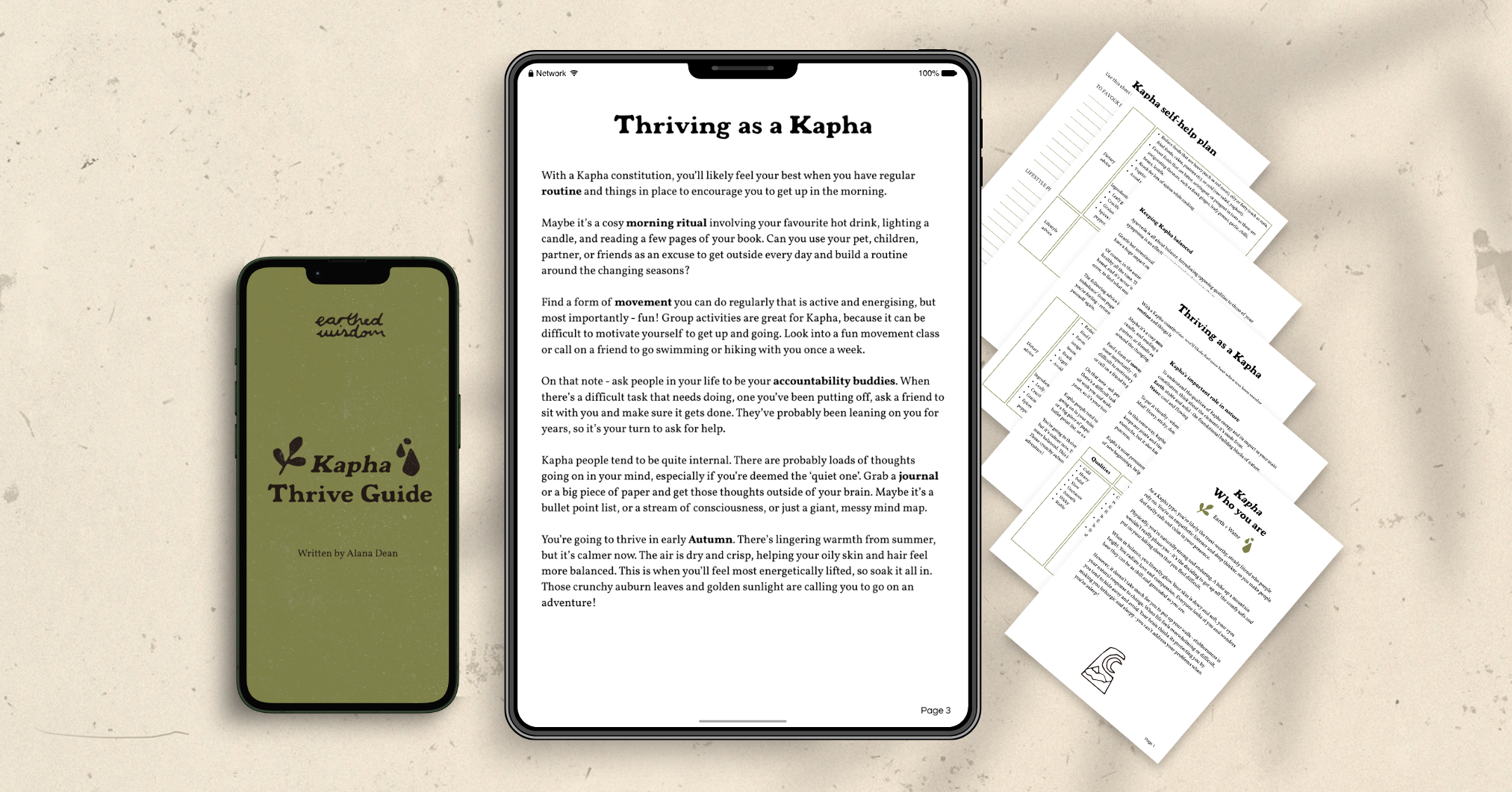 A flat lay of a smartphone displaying a guide titled "Kapha Thrive Guide" on the left, an iPad showing an article titled "Thriving as a Kapha" in the center, and several printed sheets of a self-help plan for Kapha on the right, all on a light, textured surface.