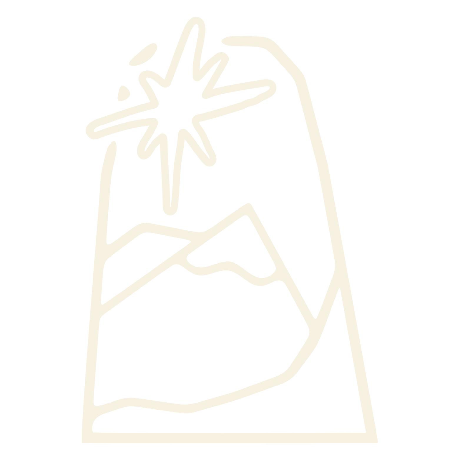 Simple cream line drawing of a mountain inside of an arched stone with a star or spark above it -- like a ancient stone.