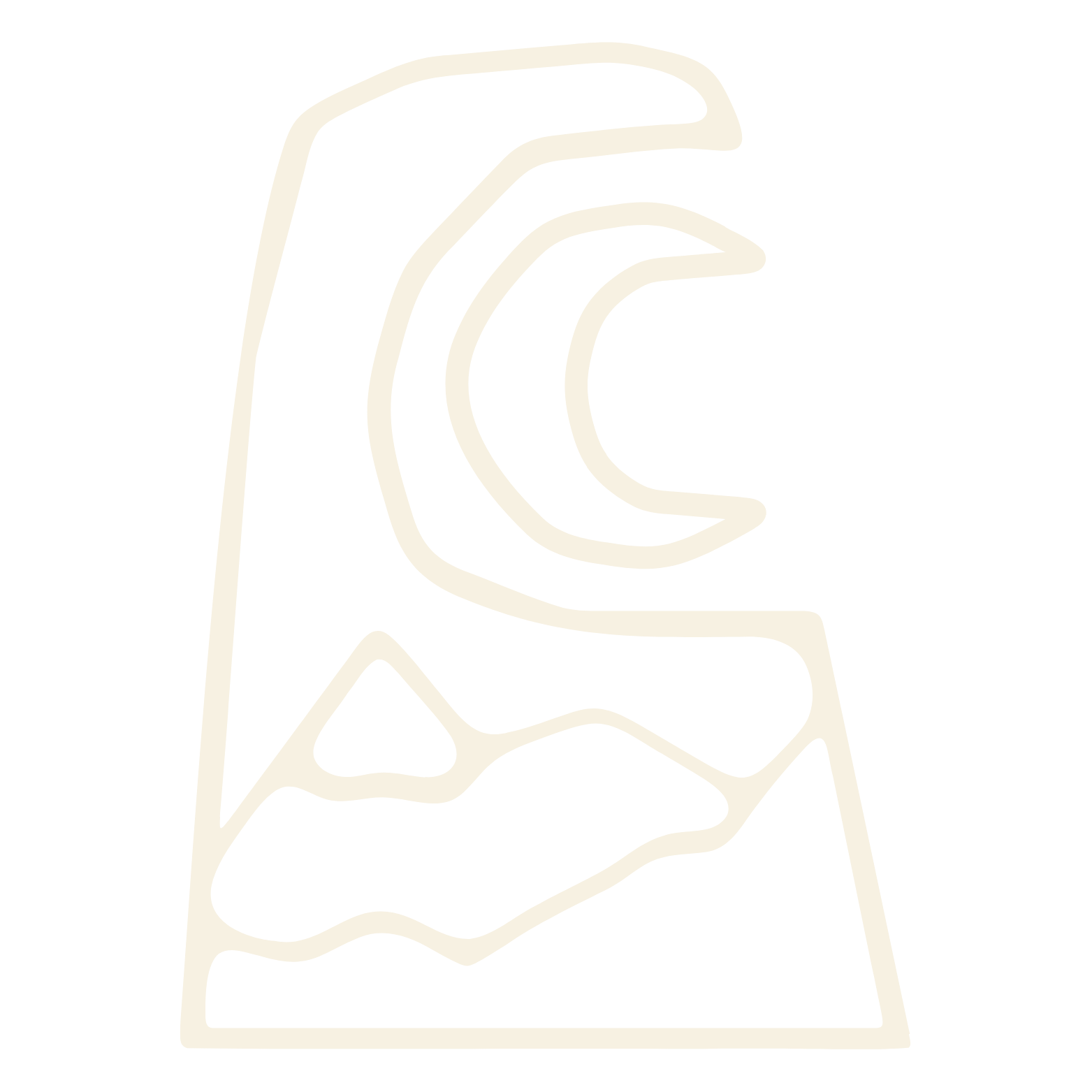 Cream line drawing of ancient stone shape wrapping around a crescent moon. Inside the stone are mountain outlines.