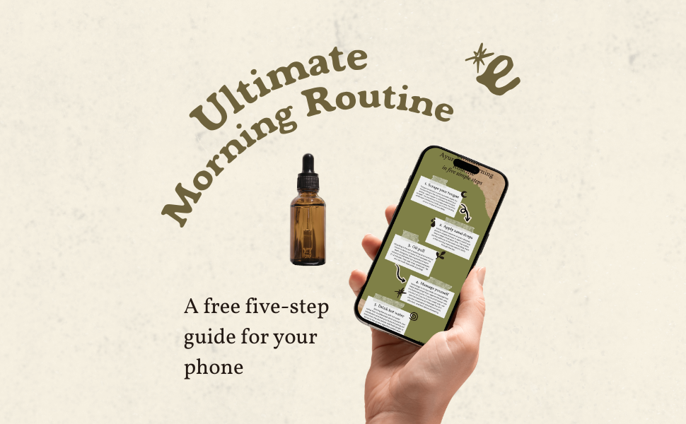 A hand holding a smartphone displaying a five-step guide titled 'Ultimate Morning Routine' with a brown dropper bottle beside it, on a beige background.