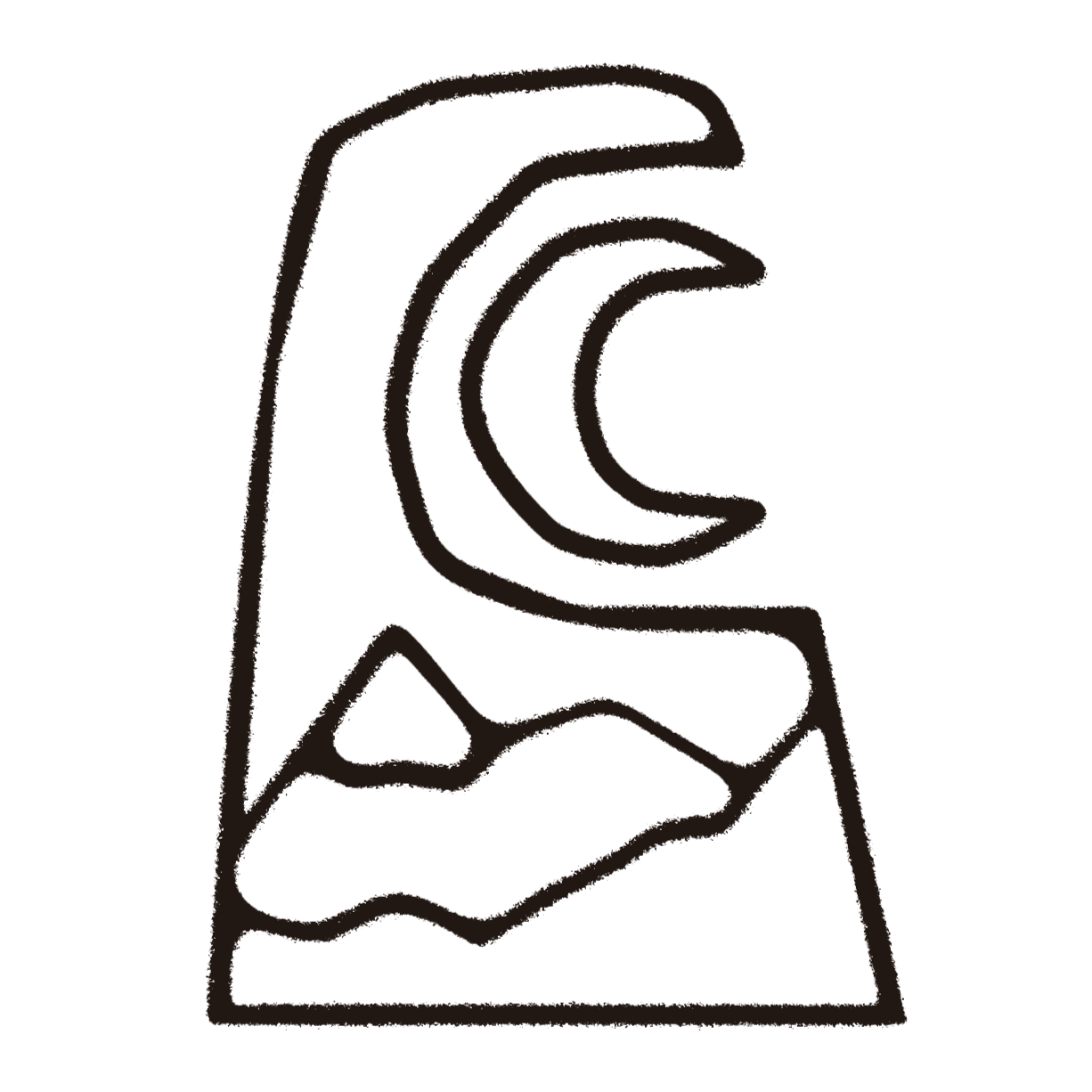Black line drawing of ancient stone shape wrapping around a crescent moon. Inside the stone are mountain outlines.