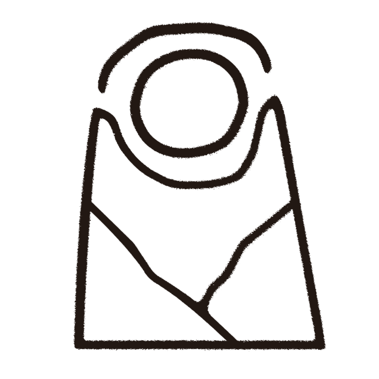 Line drawing of a arched shape -- like an ancient stone -- with a rounded sun in the middle