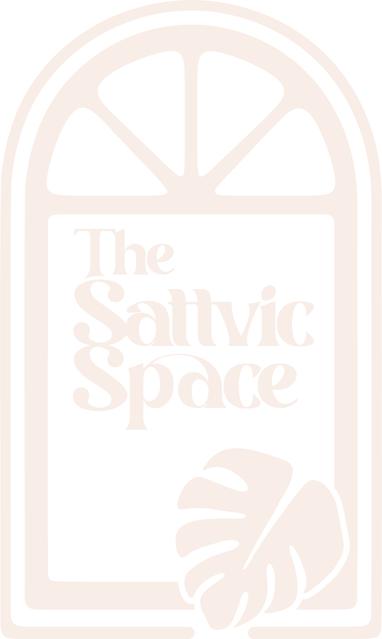 White graphic design featuring an arched window with the words "The Sattvic Space" inside and a monstera leaf illustration at the bottom over lapping the bottom of the window.