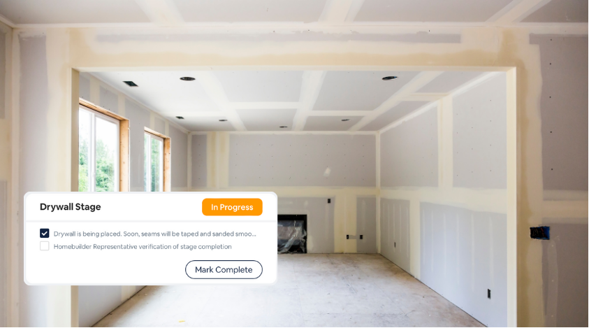 A room under construction with drywall installed on the walls and ceiling, multiple windows, and a fireplace. There is an appraisal overlay indicating the drywall stage is in progress.