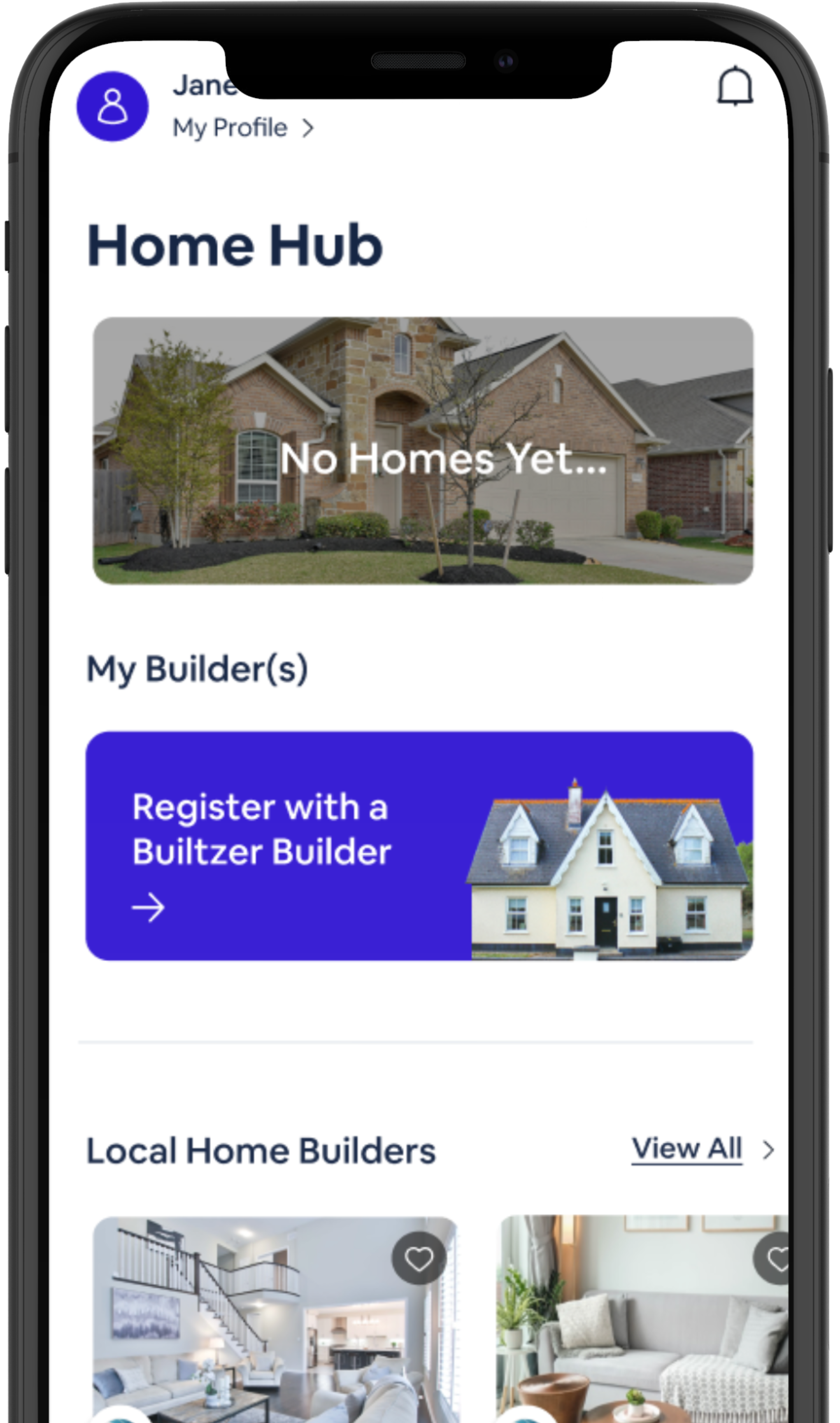 Mobile app screen showing a home listing platform with a message 'No Homes Yet...' and options to register with a builder, featuring images of houses and interior spaces.