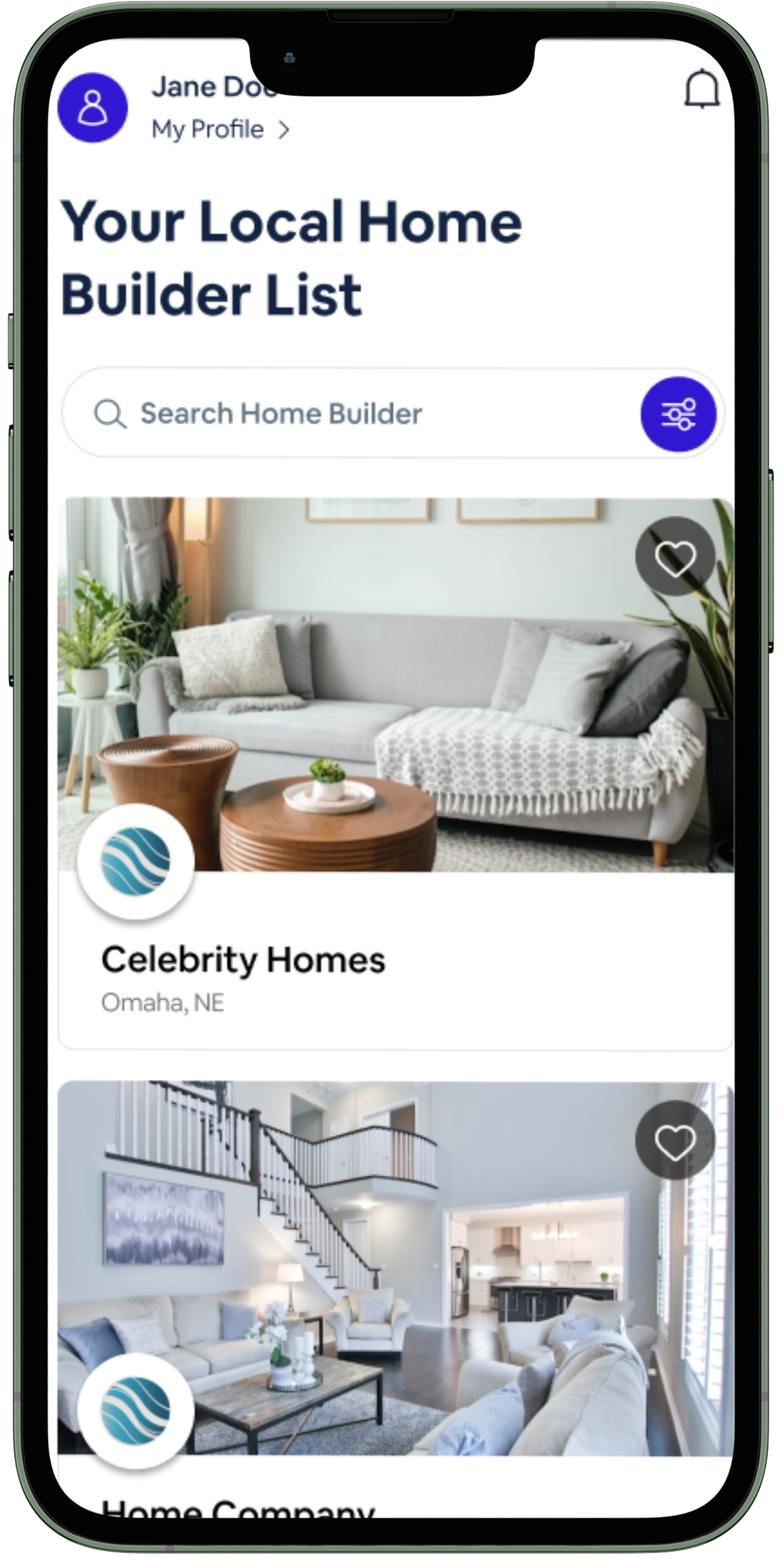 Mobile phone screen displaying a home builder app with a list of home options, including a photo of a living room with a sofa, coffee table, and plants. Additional listing of a living room with stairs and a kitchen in the background.