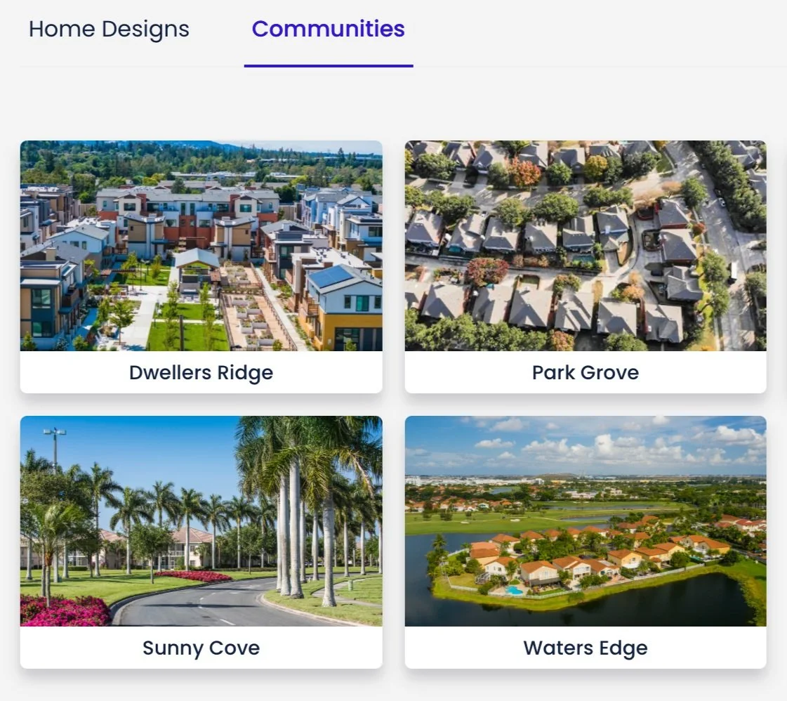Online community selection page with four neighborhoods: Dwellers Ridge, Park Grove, Sunny Cove, and Waters Edge, each showing different residential layouts and scenery.