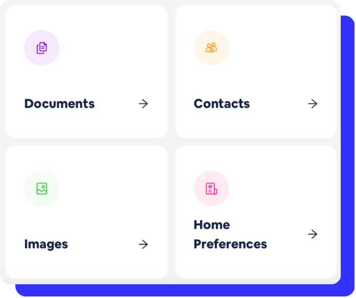 Screenshot of a user interface with four sections: Documents, Contacts, Images, and Home Preferences, each with an icon and a right arrow.