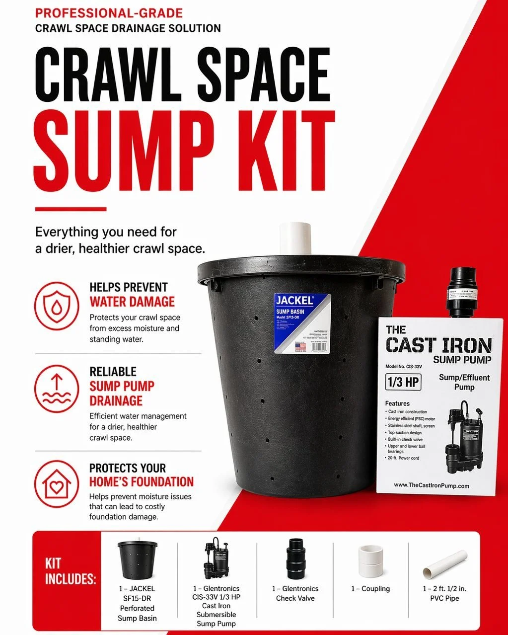 Protect your crawl space the right way with our professional-grade sump kit, built for reliable drainage and long-term moisture control. Everything you need in one kit to keep your crawl space dry, healthy, and protected.