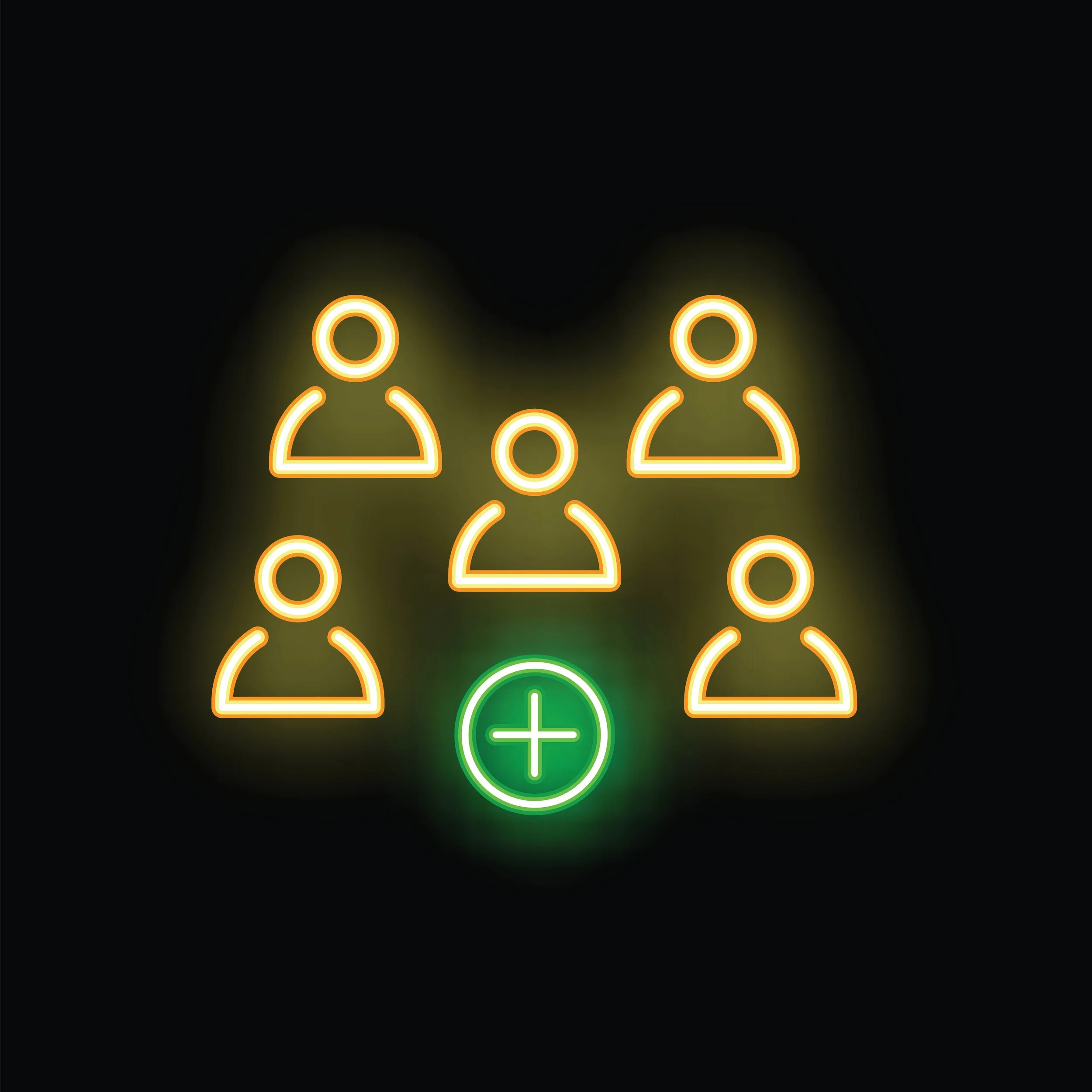Neonljusbild av ikoner som föreställer personer och ett plustecken, symbol för tillägg eller fler personer.