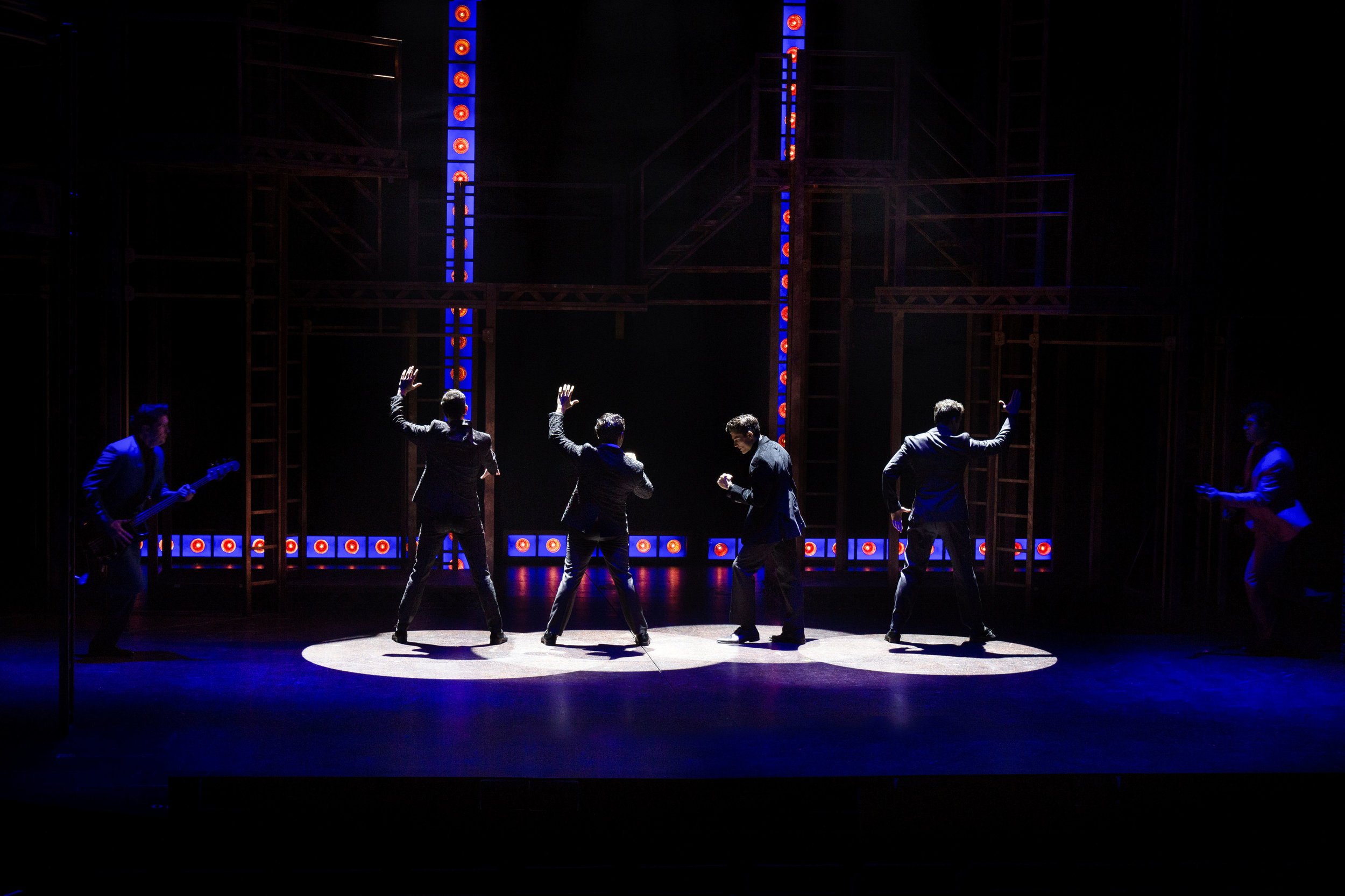  Colin Campbell McAdoo, Andy Christopher, Jonathan Mousset, Matt Magnusson, Matthew Amira, and Will Boyajian in Jersey Boys at the Ogunquit Playhouse. Photo by Paul Charest. 
