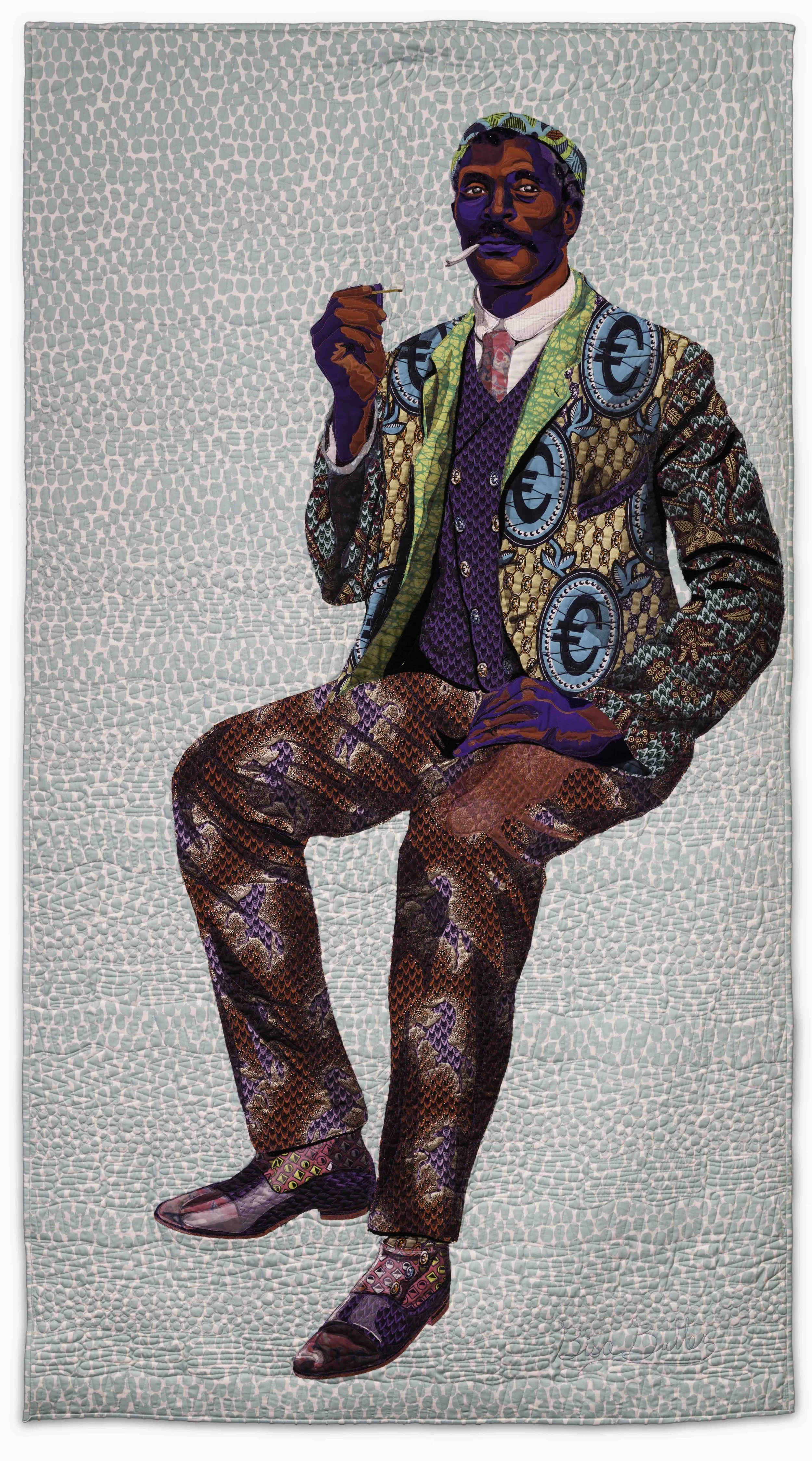 Bisa Butler (b. 1973, City of Orange, New Jersey), A Man's Worth (2019). quilted and appliqued cotton, wool, and chiffon. 89 x 50 in. 226.06 x 127 cm. Promised Gift of Bill and Christy Gautreaux, 2025.05. © Bisa Butler. Photo: E.G. Schempf, 2024