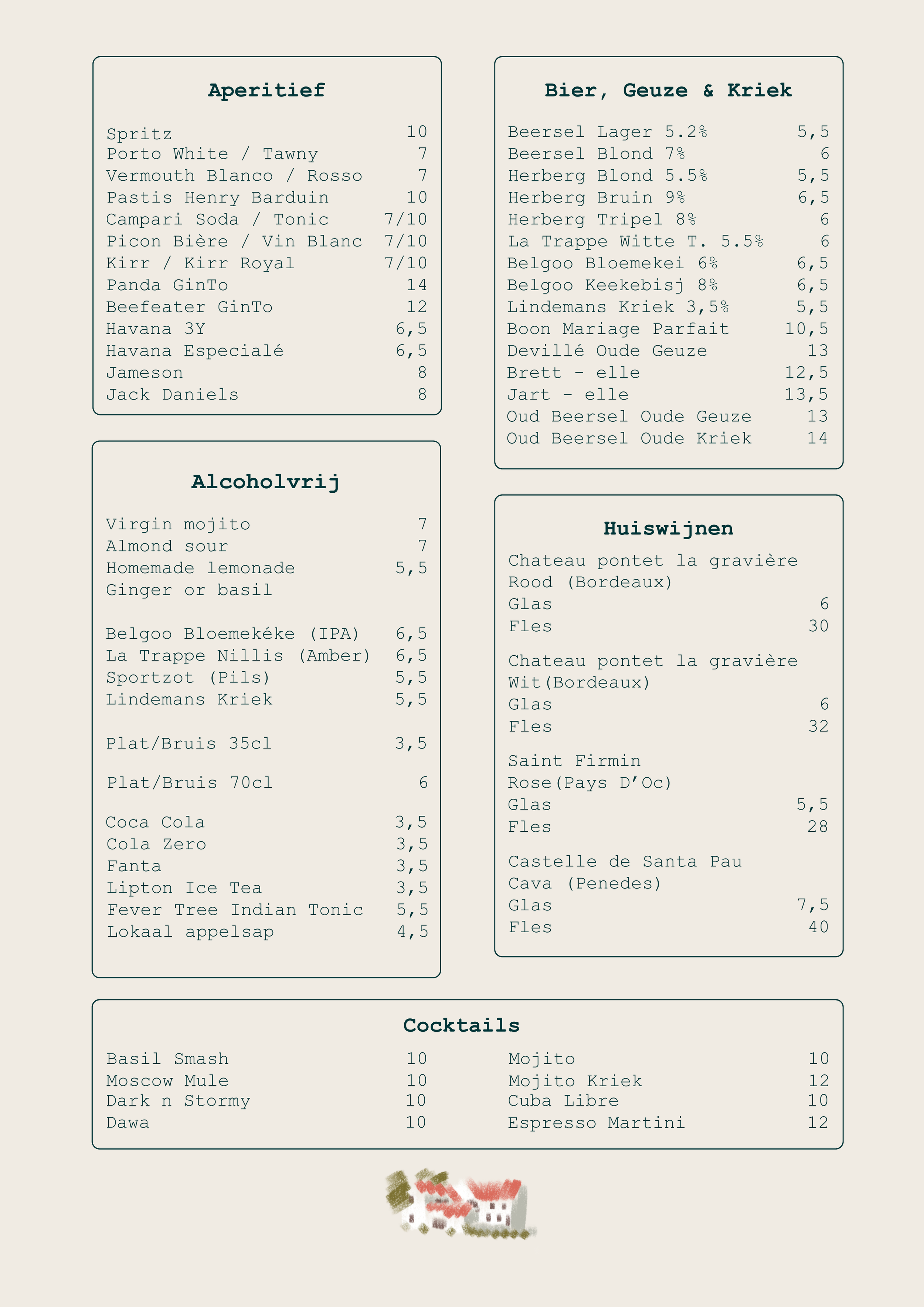 Menukaart met verschillende drankjes, inclusief aperitieven, alcoholvrije dranken, bieren, wijnen en cocktails, met prijzen in euro.