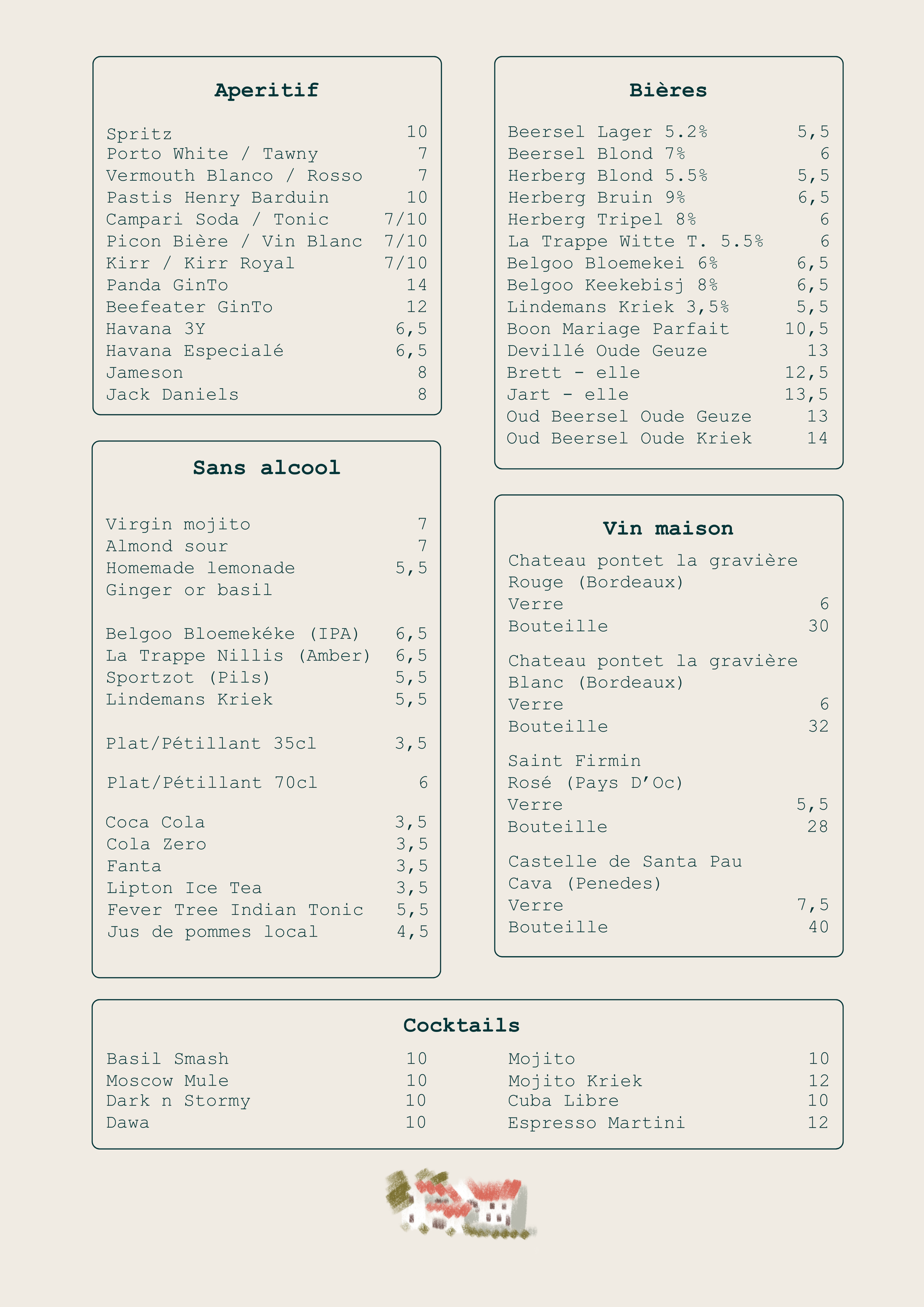 Een menu voor een café of bar met verschillende drankjes en prijzen, gestructureerd in categorieën zoals Aperitief, Bieren, Sans alcool, Vin maison, en Cocktails.