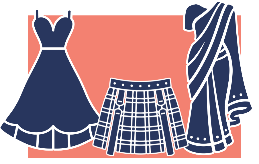 Image displays an orange background with a dress, kilt and traditional dress.