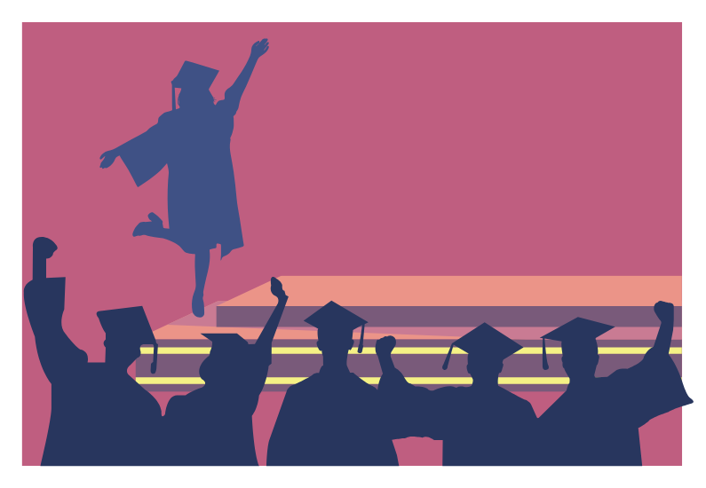 Image shows a red background with a crowd of graduates cheering on a fellow graduate walking on stage.