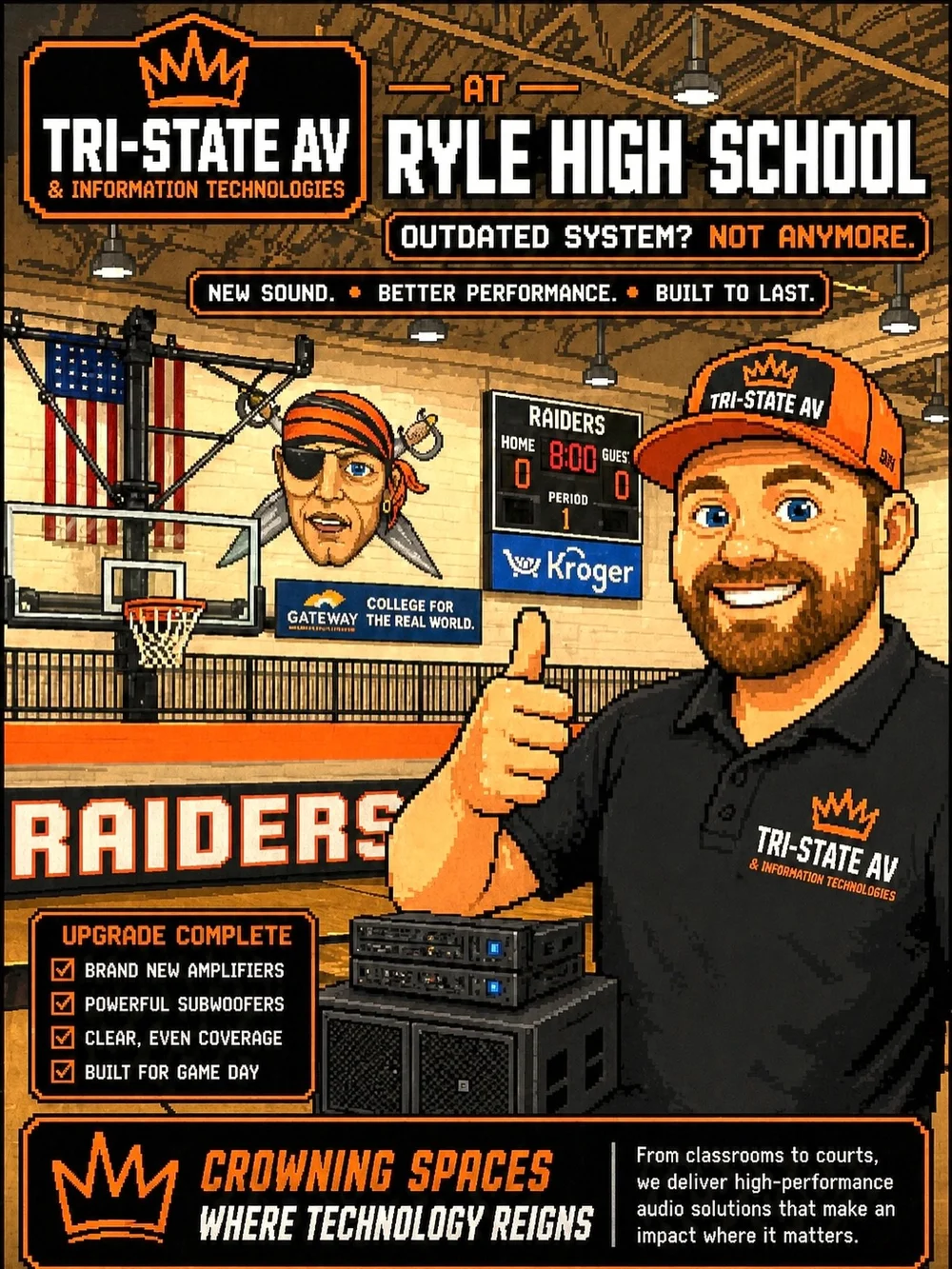 Ryle High School customer spotlight graphic with the Tri-State AV 8-bit character