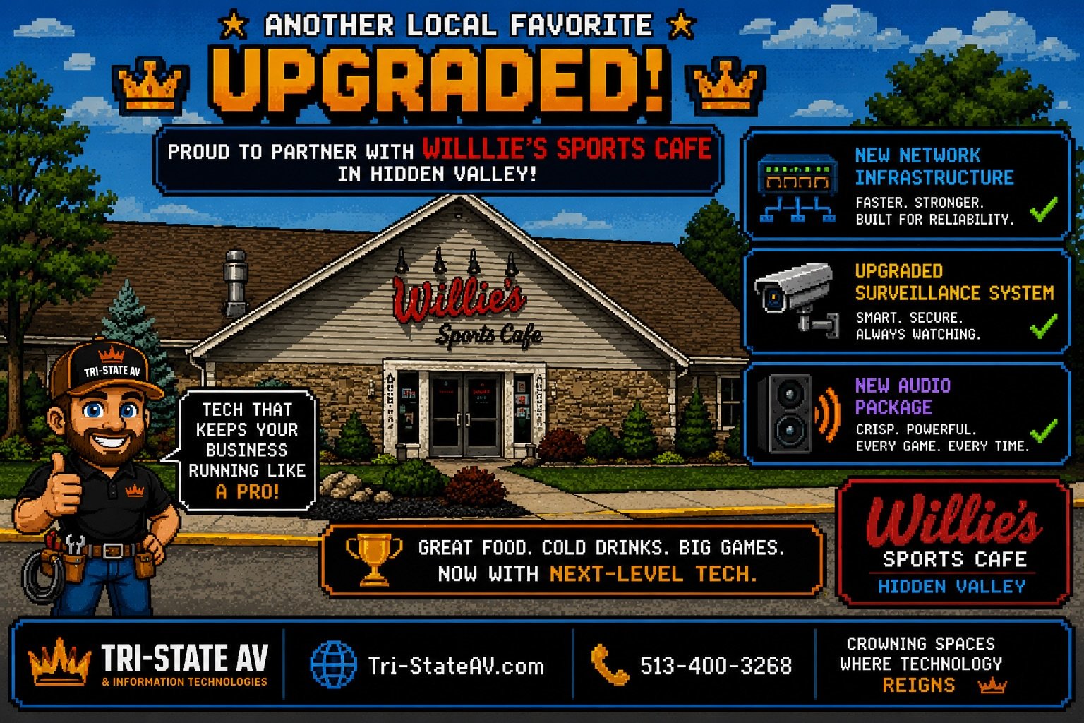 Customer Spotlight: 🔥 Another local favorite upgraded.

Proud to partner with Willie&rsquo;s Sports Cafe in Hidden Valley for a full technology refresh ⚡

✅ New Network Infrastructure
✅ Upgraded Surveillance System
✅ New Audio Package

From reliable