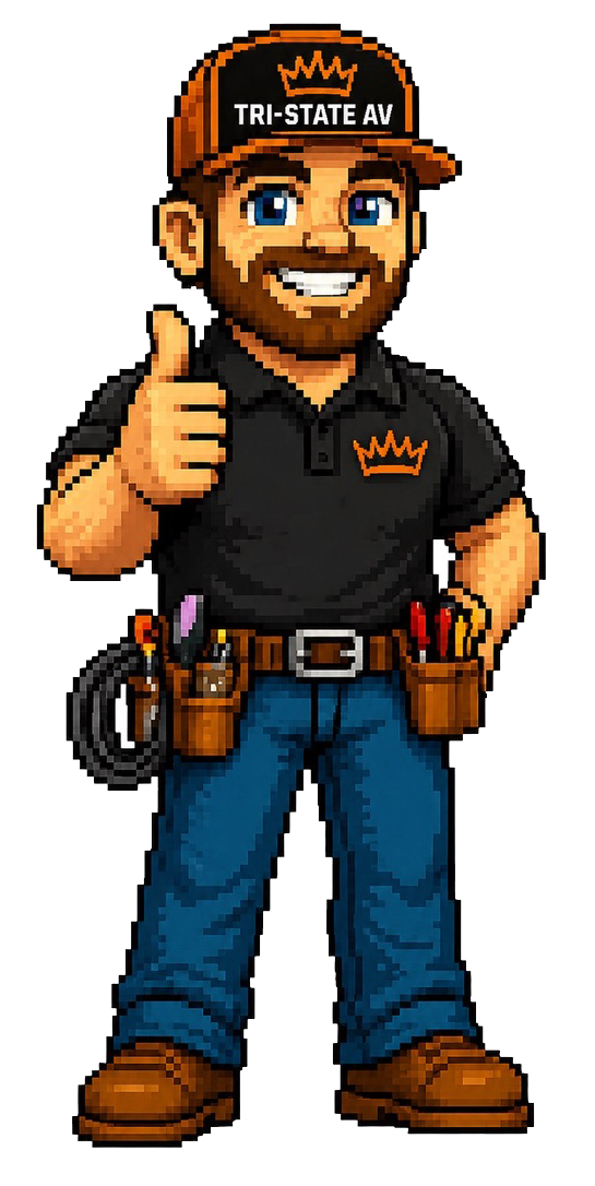 Pixel art illustration of a smiling male handyman with a beard wearing a black cap and polo shirt, both with an orange crown logo and the text 'TRI-STATE AV'. He is giving a thumbs-up with his right hand and has tools in pouches on his belt, including screwdrivers and pliers.