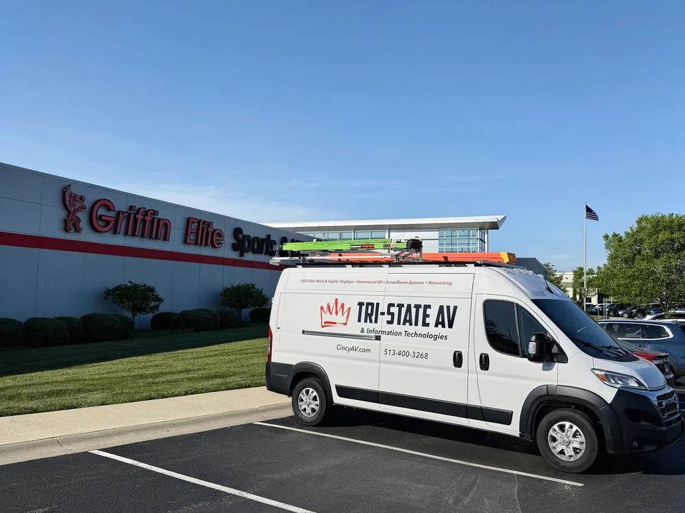 Tri-State AV service van outside Griffin Elite Sports, where we replaced the old WiFi with an enterprise Ubiquiti network