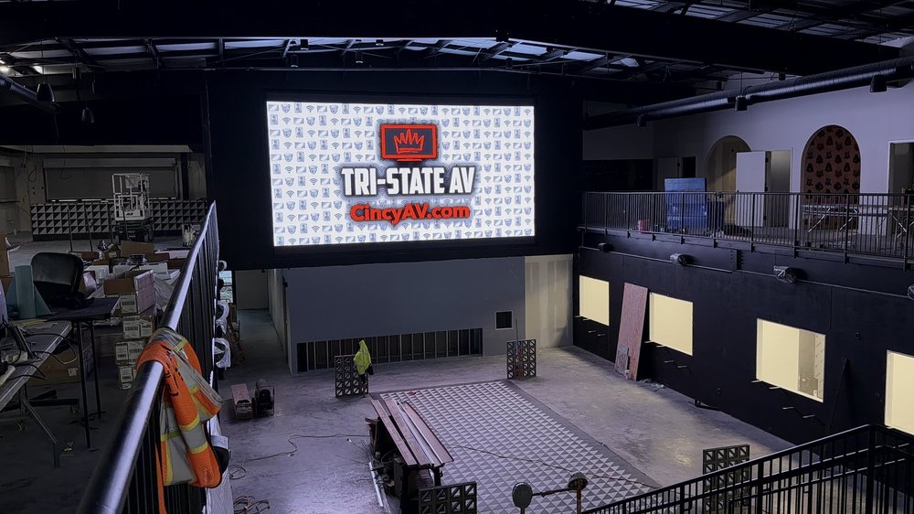 The Fusion Wall LED video wall displaying the Tri-State AV logo in a venue under construction