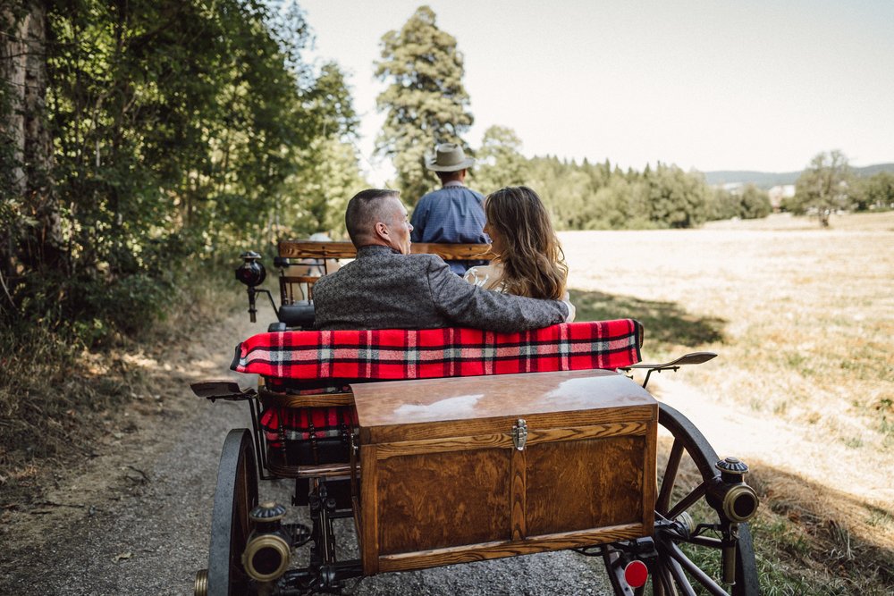 Brautpaar fährt auf Feldweg in Kutsche von hinten by UhlArt Fotografie