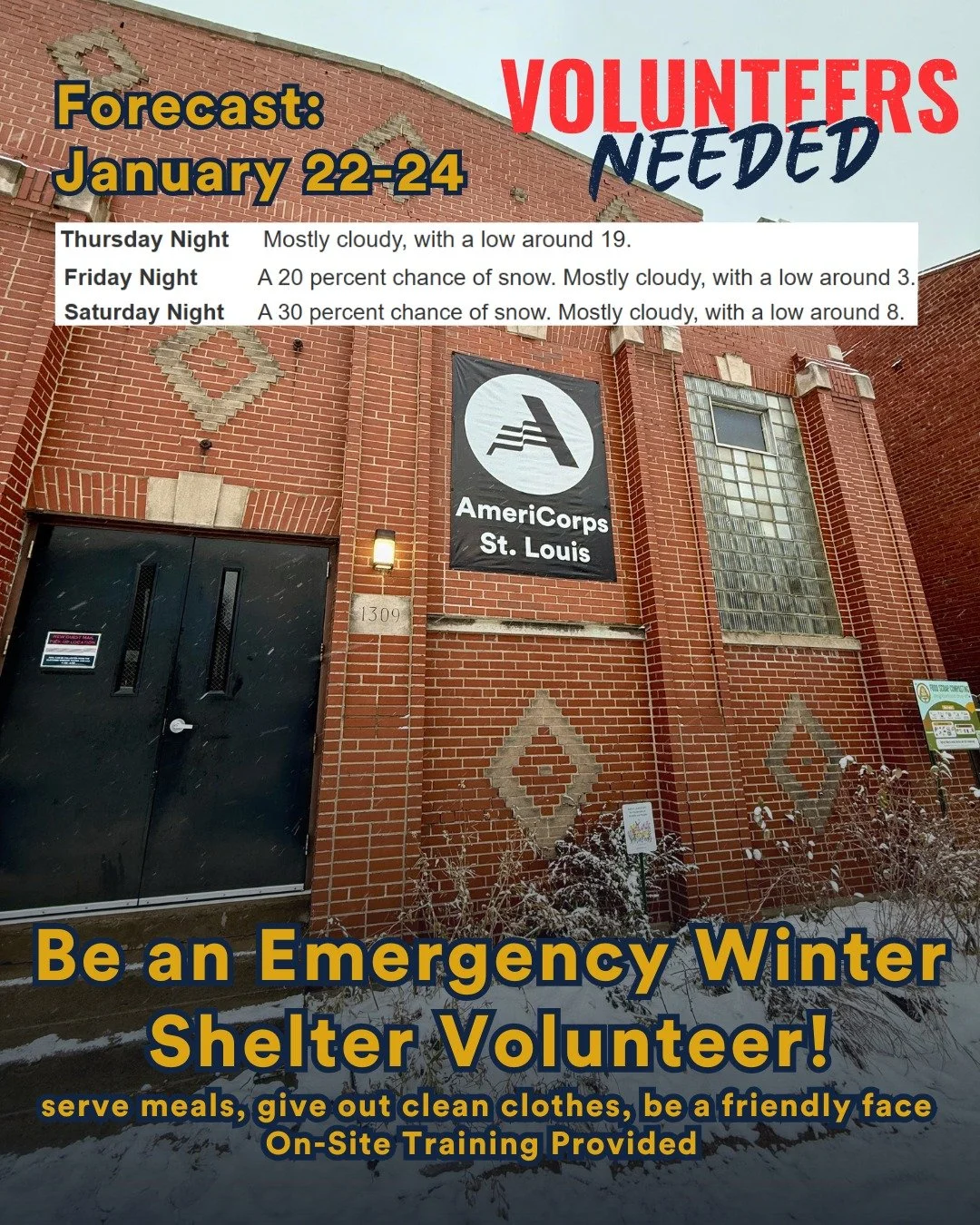 Winter Shelter Volunteers Needed: January 22-24 ❄️

THANK YOU to all of the volunteers who came out this past weekend to volunteer with us! But we need your help again, as temperatures later this week will be even colder 🥶🥶🥶

Help us prepare by si