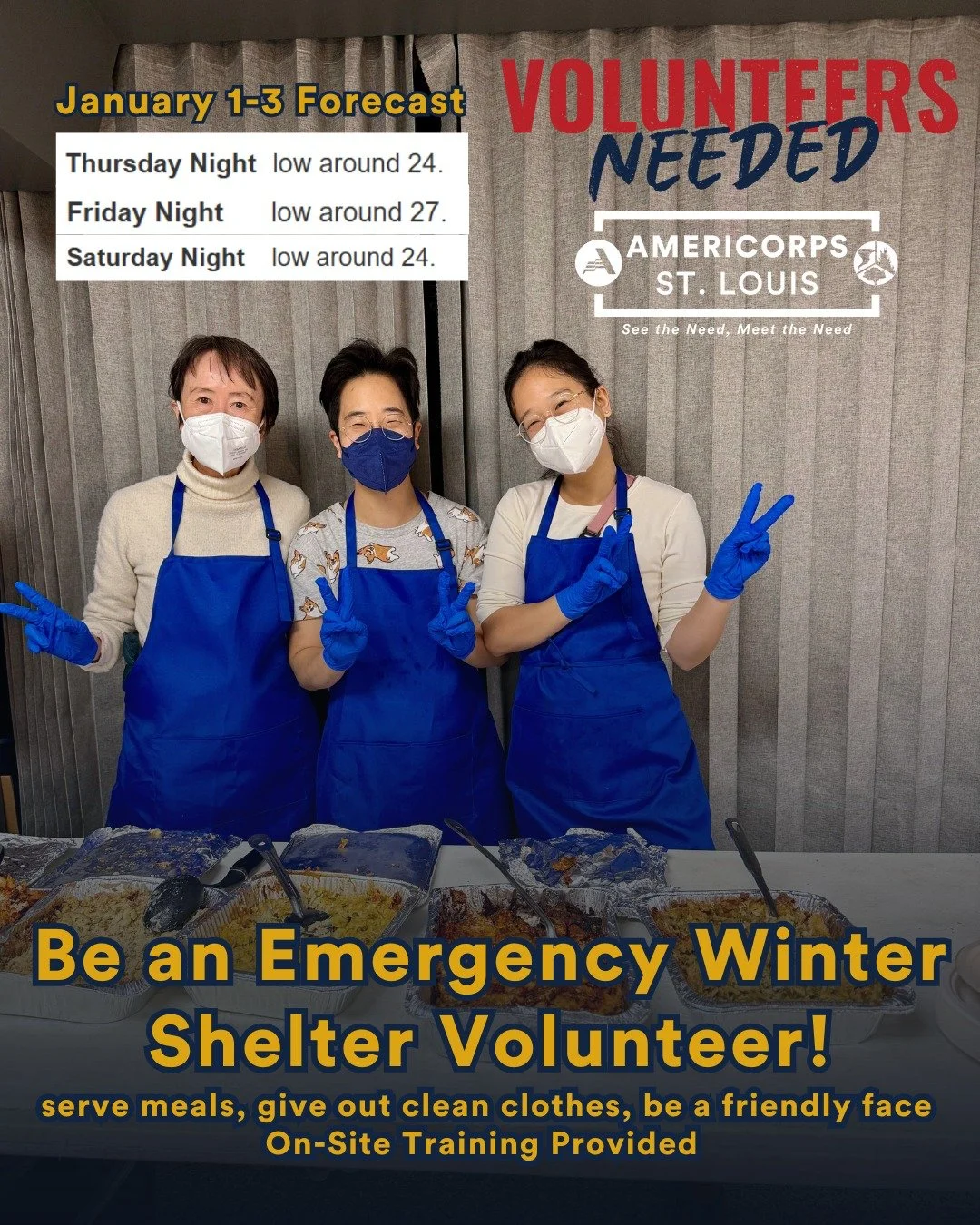 Winter Shelter Volunteers Needed: January 1-3 ❄️

After a very warm week, winter is back and temperatures are dipping back down! 
Link in bio to sign up or make a donation. 

Help us prepare by signing up for a shift in advance, and you will be notif