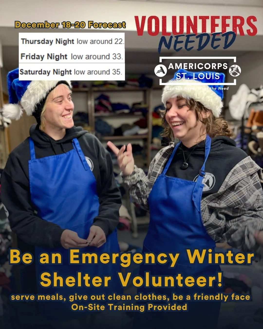 Winter Shelter Volunteers Needed: Thursday, December 18th ❄️

The holiday season is a great time to give back to your community by volunteering. Bring your friends and family! Volunteer hours verification is available if needed.

Sign up here: https: