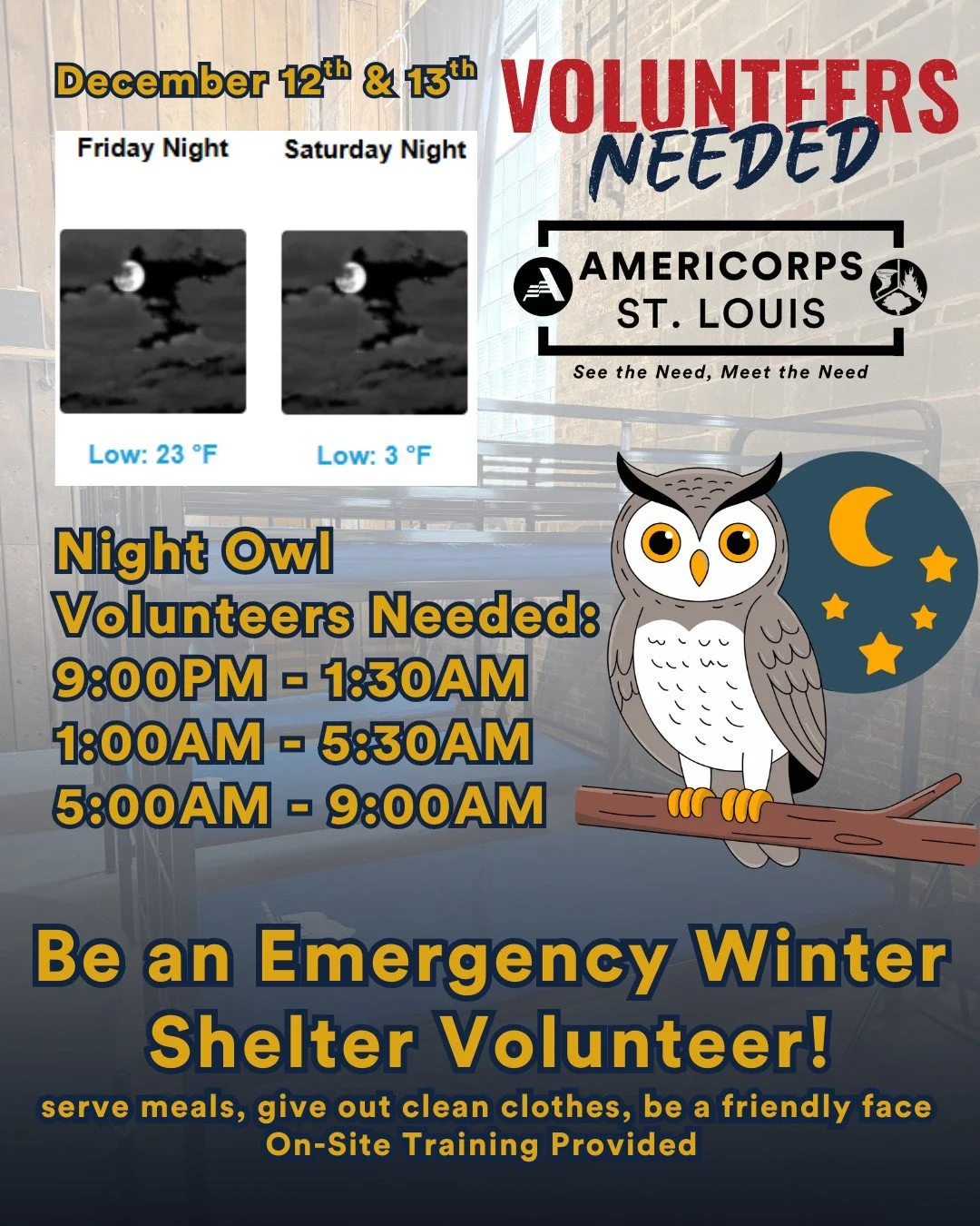 As we get closer to the weekend, temperatures are dropping as low 3 degrees on Saturday! There is an urgent need for overnight and early morning volunteers 🦉🌚👀 - link in bio to sign up! 

December 12th &amp; 13th: 
9:00PM - 1:30AM 
1:00AM - 5:30AM