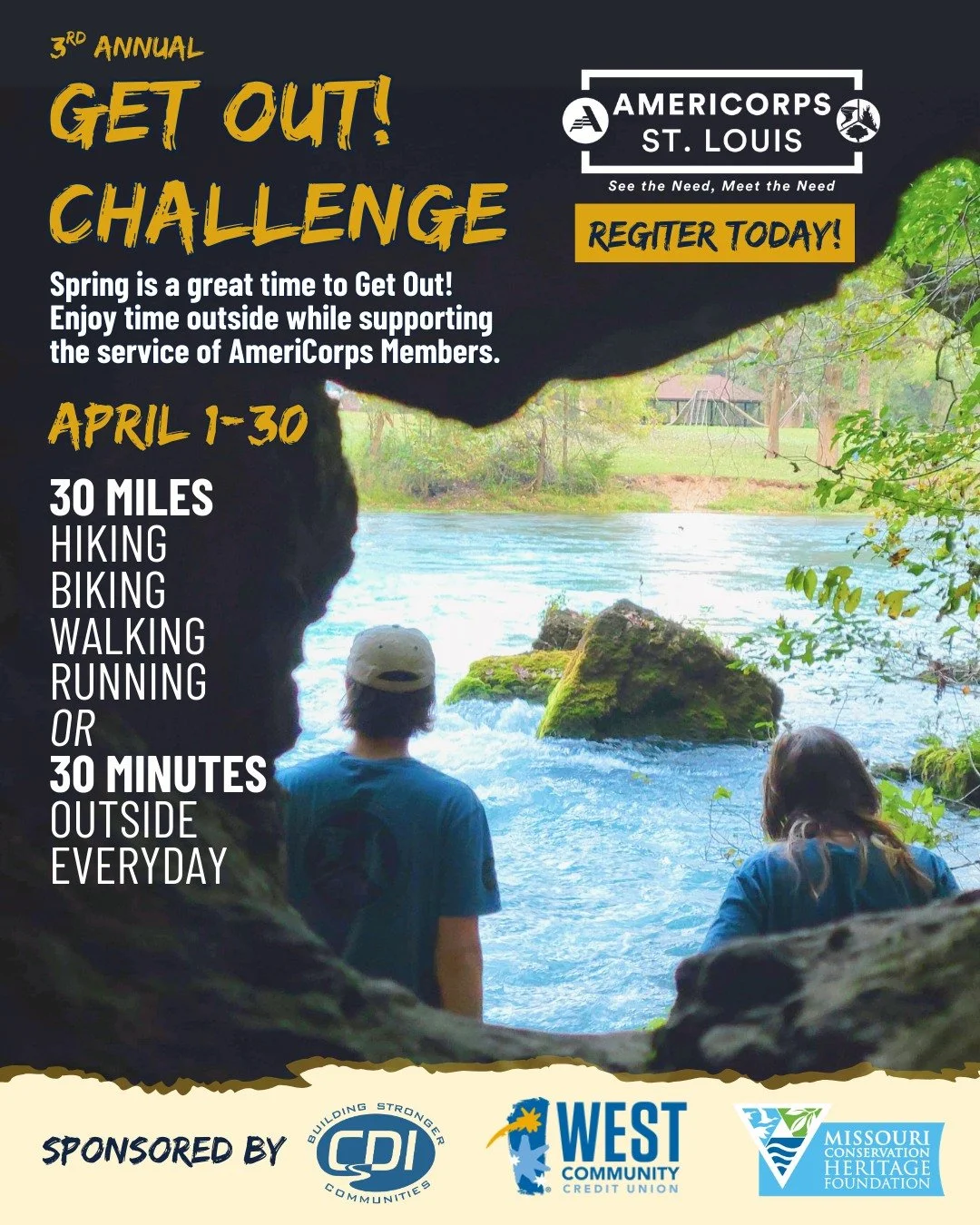 This spring we invite you to GET OUT! in nature and support AmeriCorps St. Louis!

AmeriCorps Members are living examples of service and dedication. They fight fires, respond to disasters, and enhance environmental areas. You may not wear the boots o