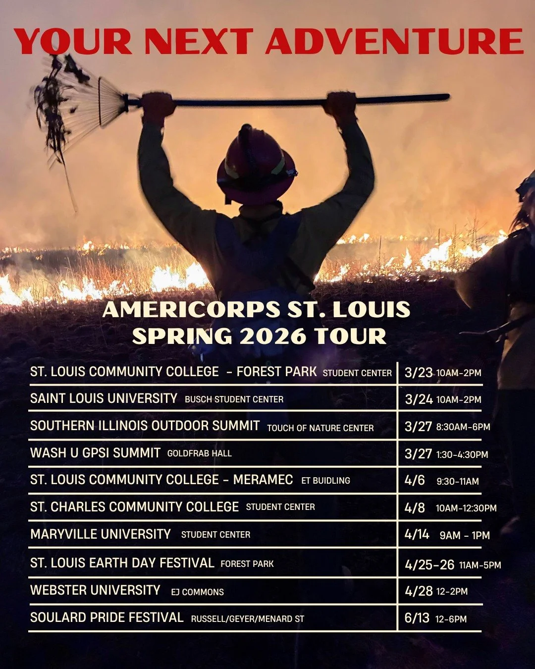 We're going on tour 🔥

Do you wanna learn to fight wildfires? Care for nature? Help communities impacted by disasters? 

Applications for our 2026-27 service term open on April 1st! If you're in the St. Louis / Southern Illinois area, come see us in