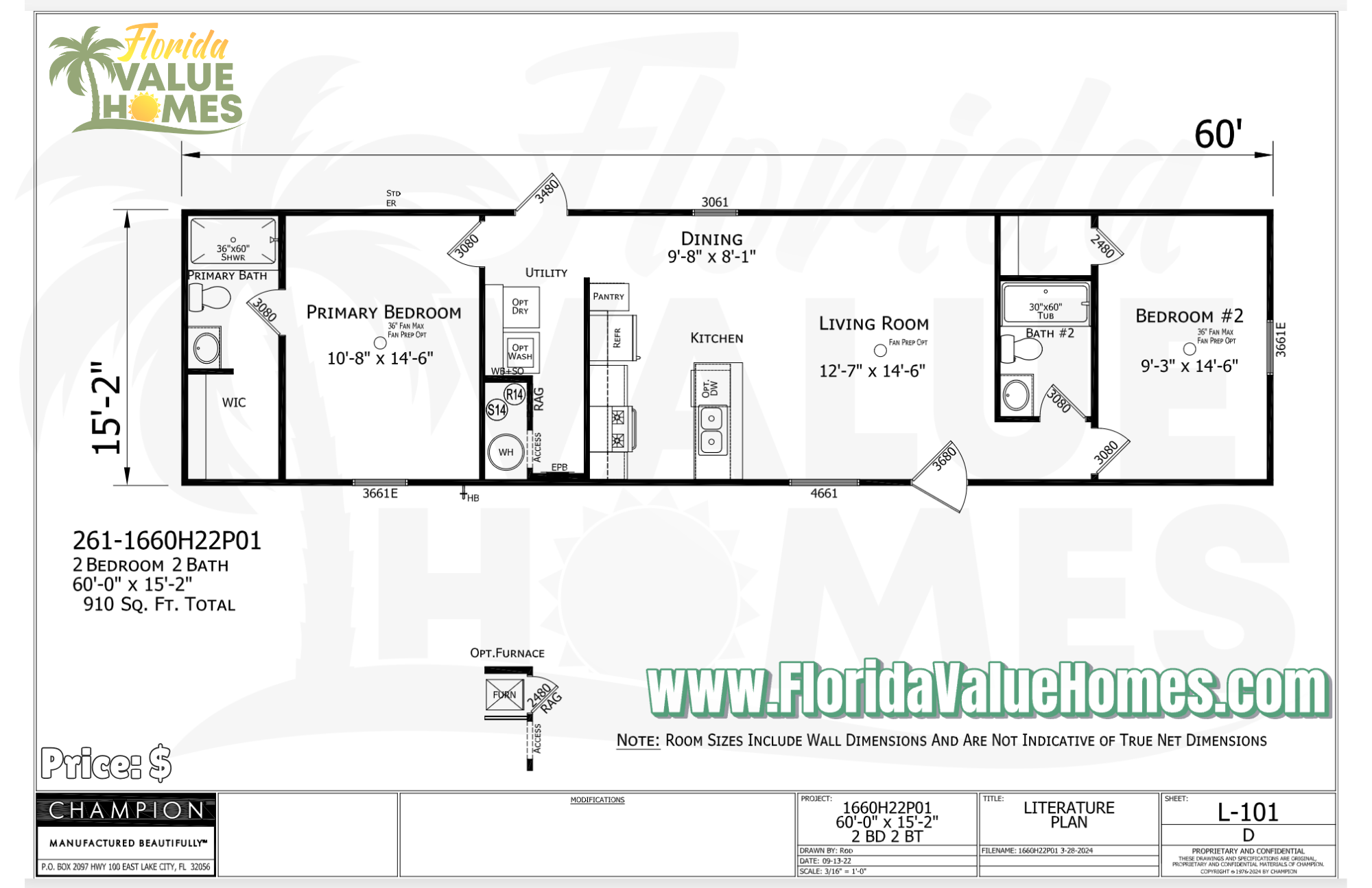 Prime 16 x 60 2 Bed 2 Bath 910 Sq Ft