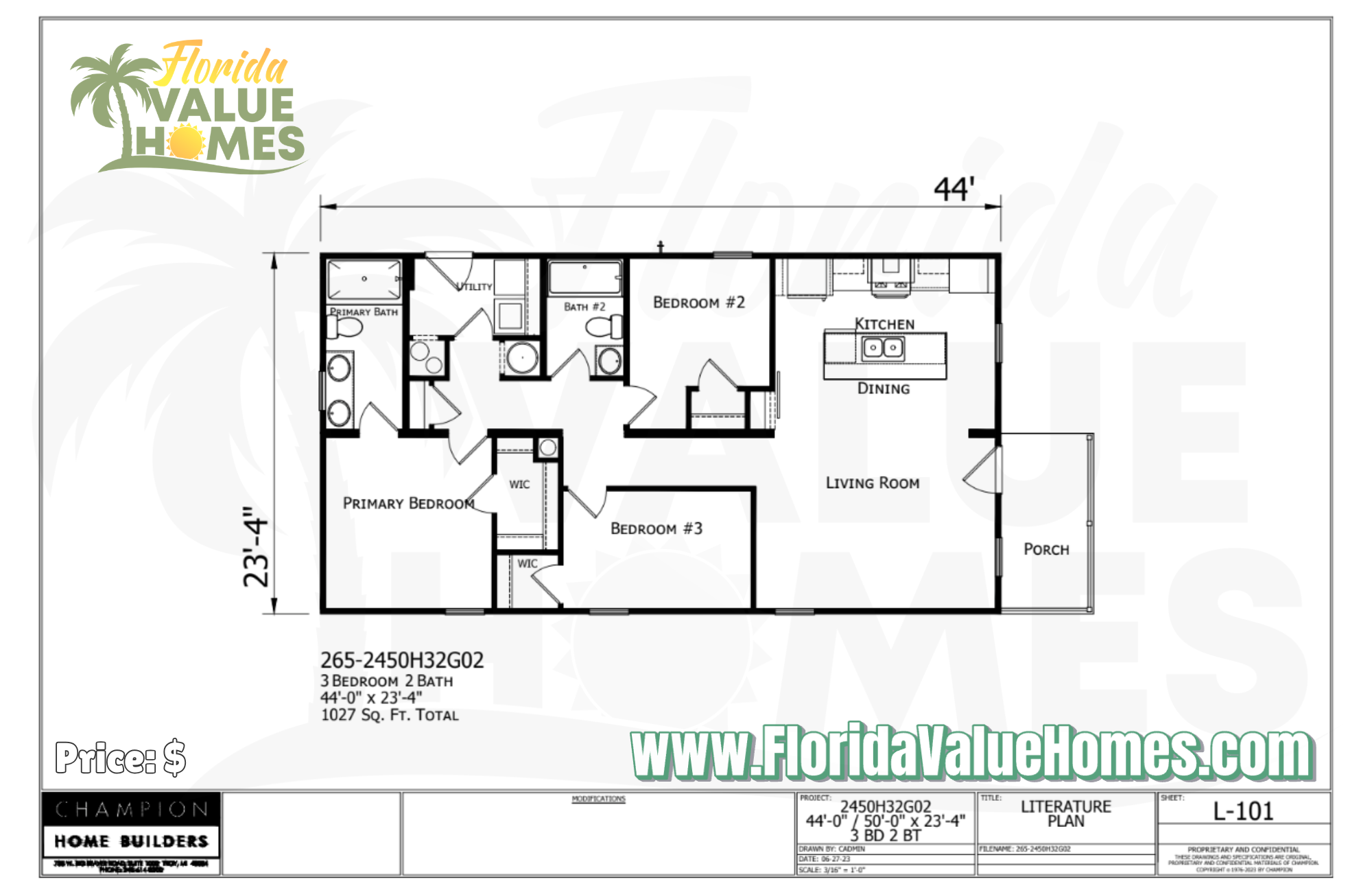 Lake Manor 24x44 3 Bed 2 Bath (1,027 SqFt)