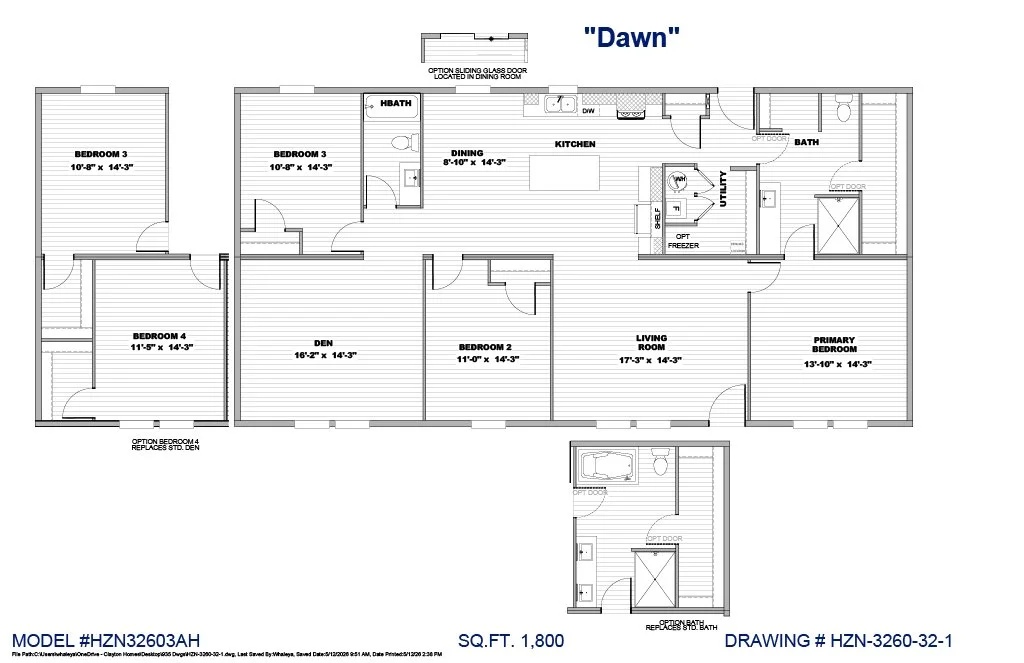 Horizon 32x60 "DAWN" 3 Bed 2 Bath w/ DEN (1,800 Sq Ft)