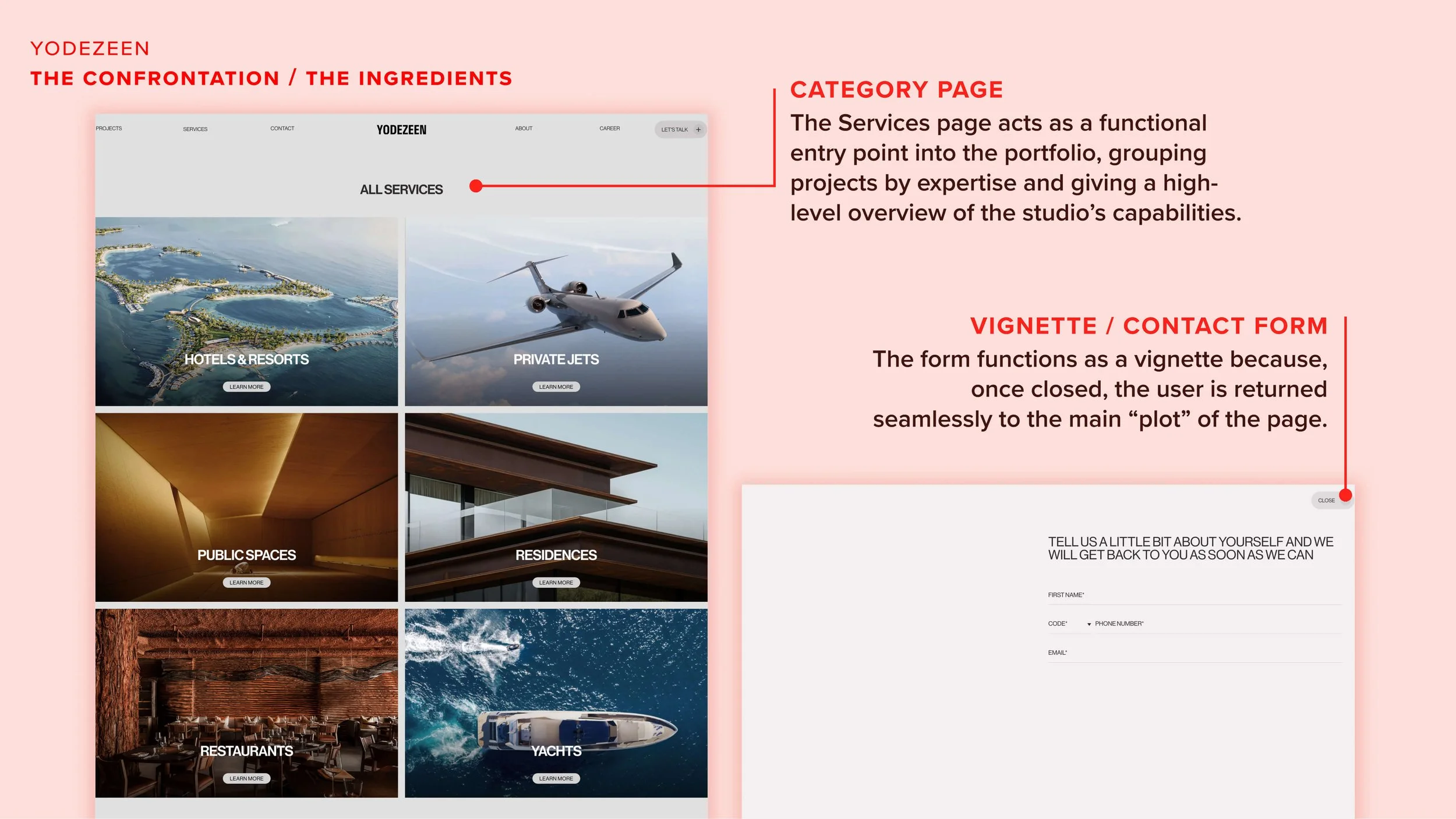 The confrontation. Very few narrative breaks appear on pages that are crucial to the resolution, such as the Services page and the project pages.