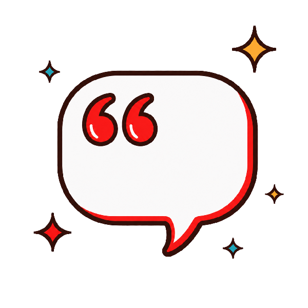 A playful graphic illustration of a speech bubble with red quotation marks and colorful retro stars, used to feature community testimonials and quotes from the Creative Exchange by Until Sunday Studio.
