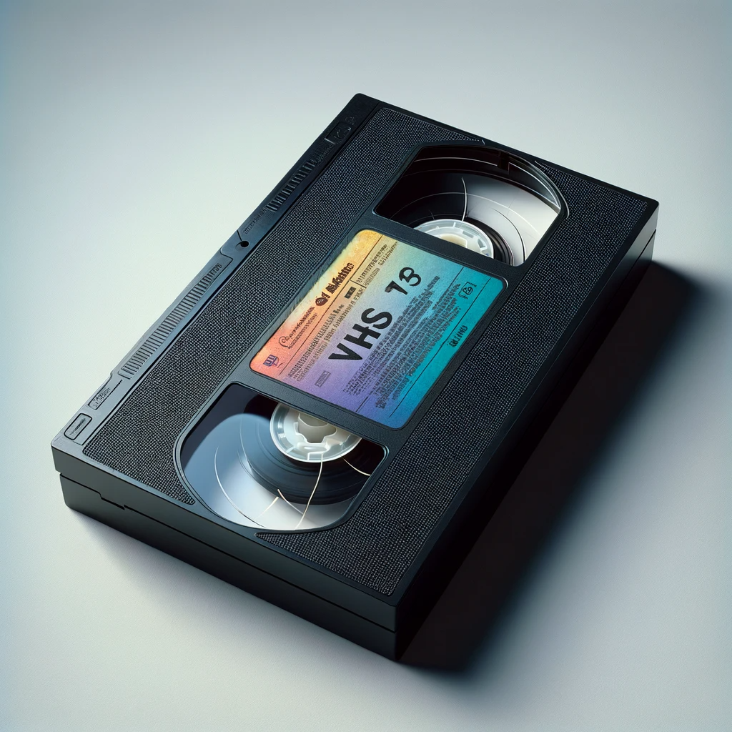 DALL·E 2024-01-03 08.48.06 - A single VHS tape lying flat. The tape is predominantly black, with a glossy texture and distinctive rectangular shape. A colorful label is visible on.png