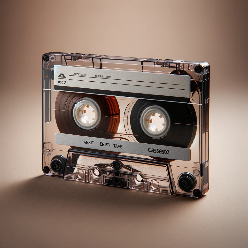 DALL·E 2024-01-03 09.08.58 - An audio cassette tape placed on a flat surface. The cassette is classic, with a transparent body that reveals the brown magnetic tape inside. It has .png