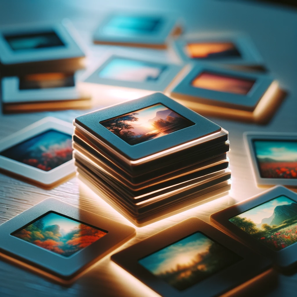 DALL·E 2024-01-03 09.25.09 - A stack of photo slides on a light table. The top slide shows a vivid landscape scene, while the other slides in the stack are semi-transparent, hinti.png