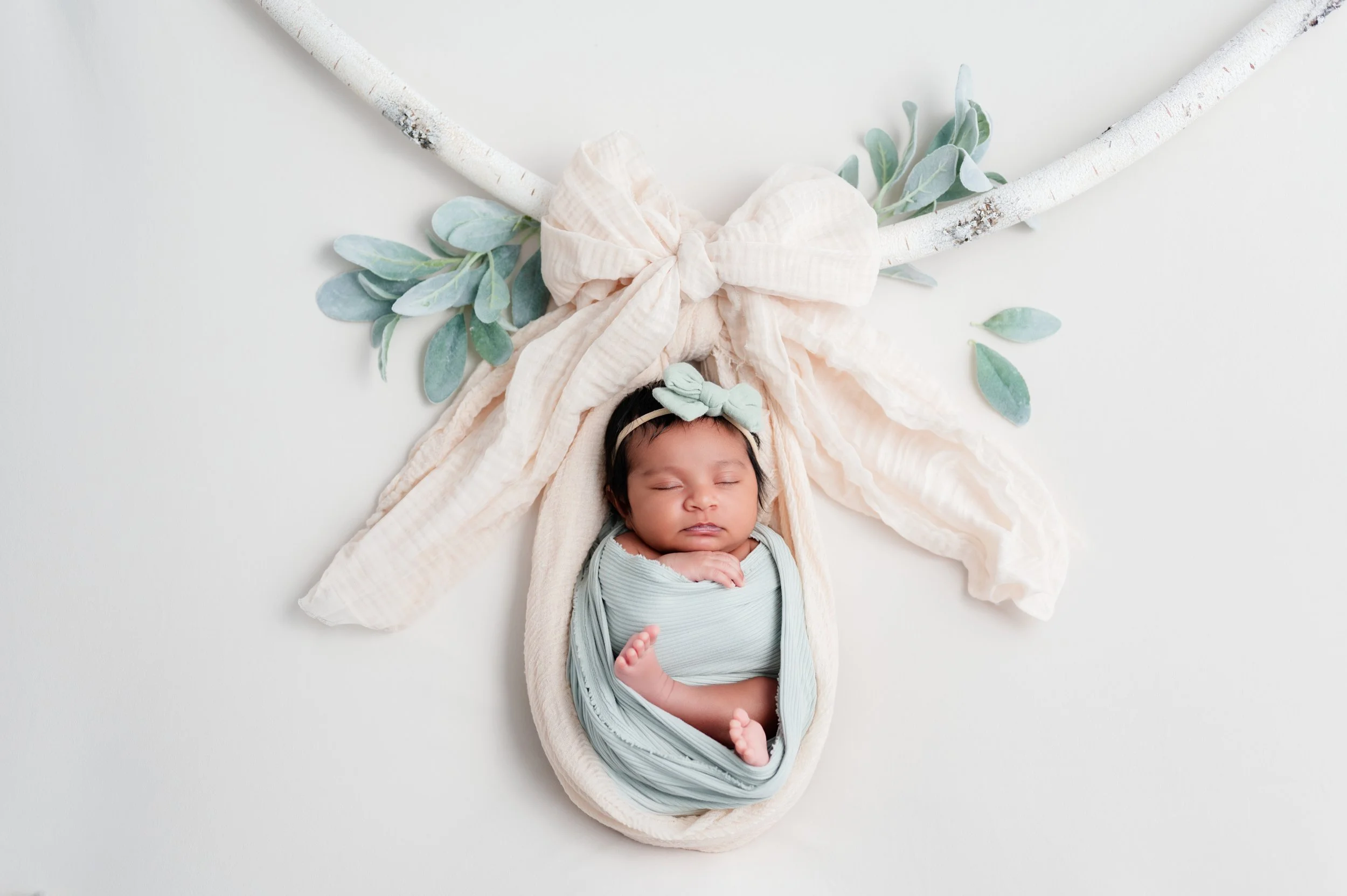 a newborn baby is swaddled in green hanging in a soft cream color wrap from a white branch. The cream wrap forms a bow above the baby's head and light green leaves are around the bow. 
