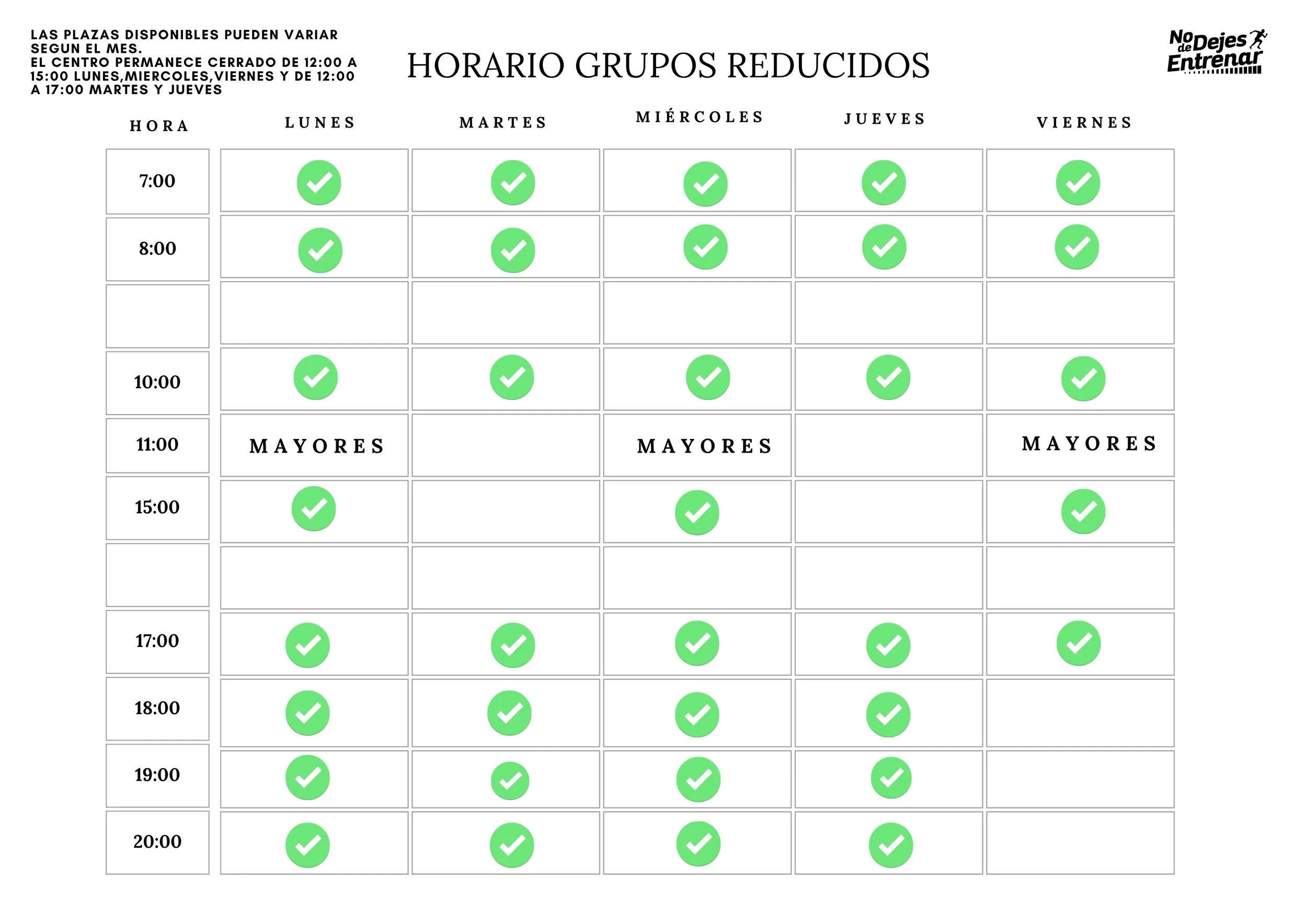 Horario de grupos reducidos con disponibilidad marcada en verde, de lunes a viernes con diferentes horarios y horarios especiales para mayores y en diferentes momentos del día.