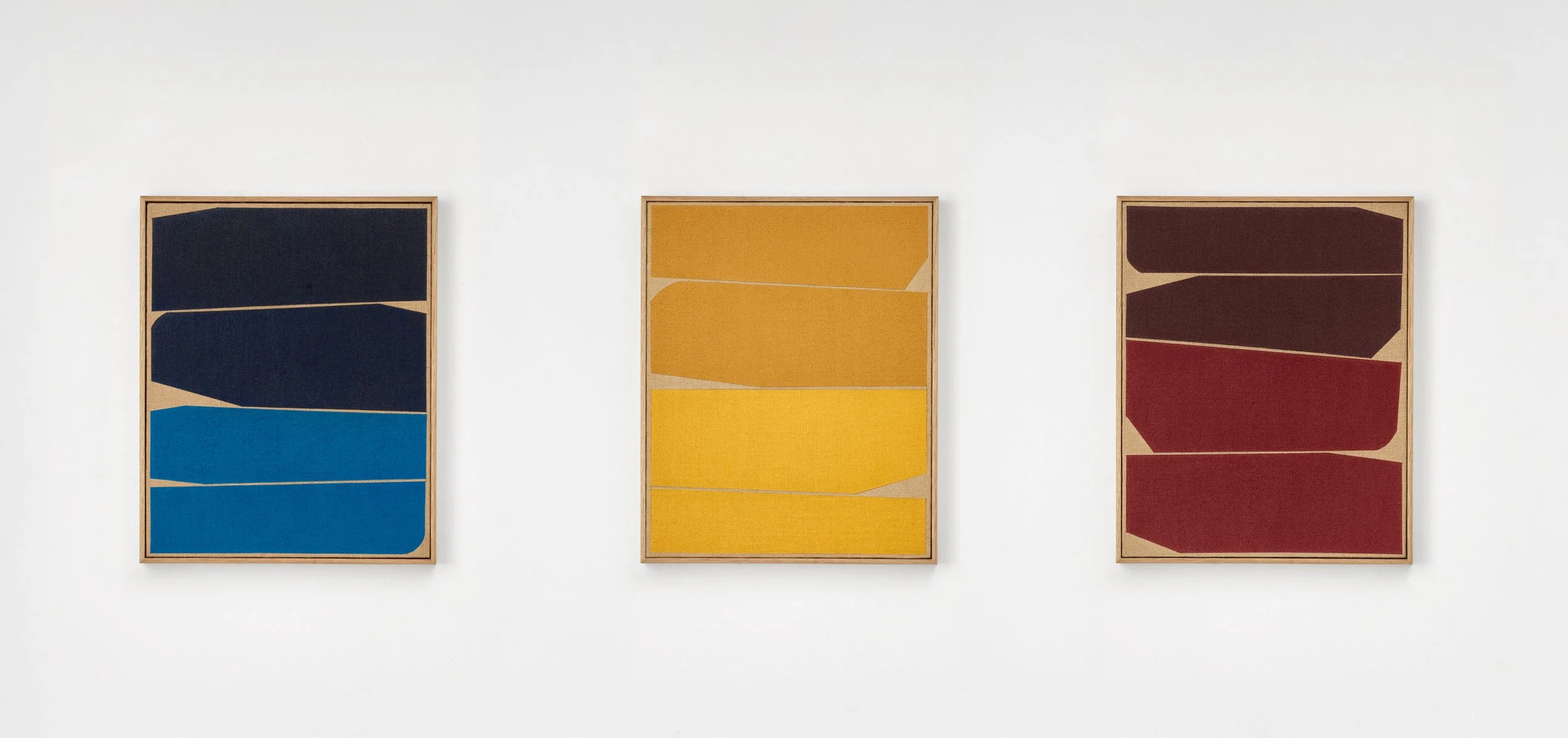 PNV Series, 2026, acrylic on burlap, 3 panels, 21" x 17", 21" x 51", custom oak frame, SOLD