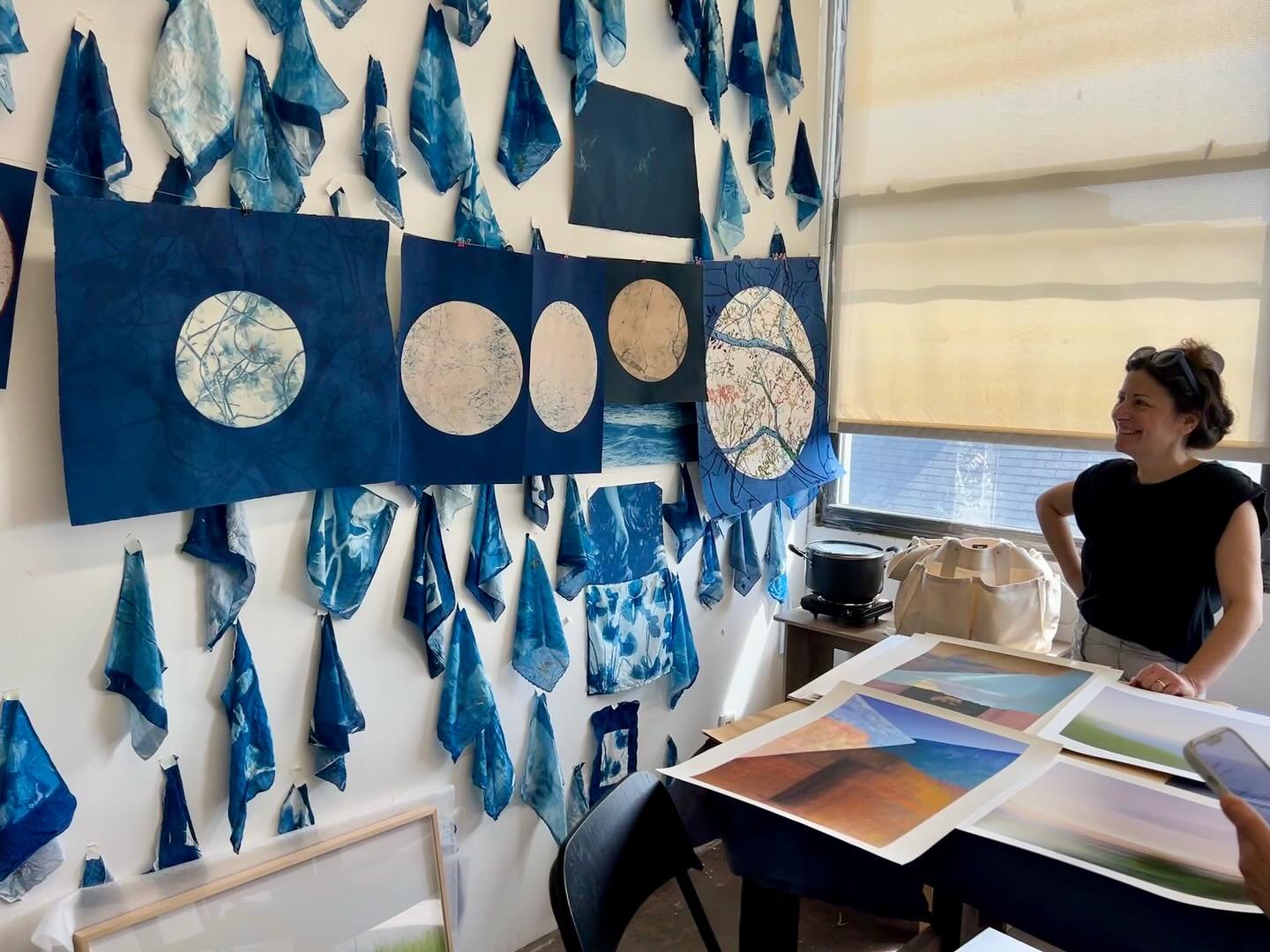 Recent studio visit with @dorasomosiphotography and @ffarrell4. Dora is always popping with creative ideas - and so great to see what she is thinking about and working on. Embroidery, moons, gold leaf, collage, cyanotypes, and new photography!  There