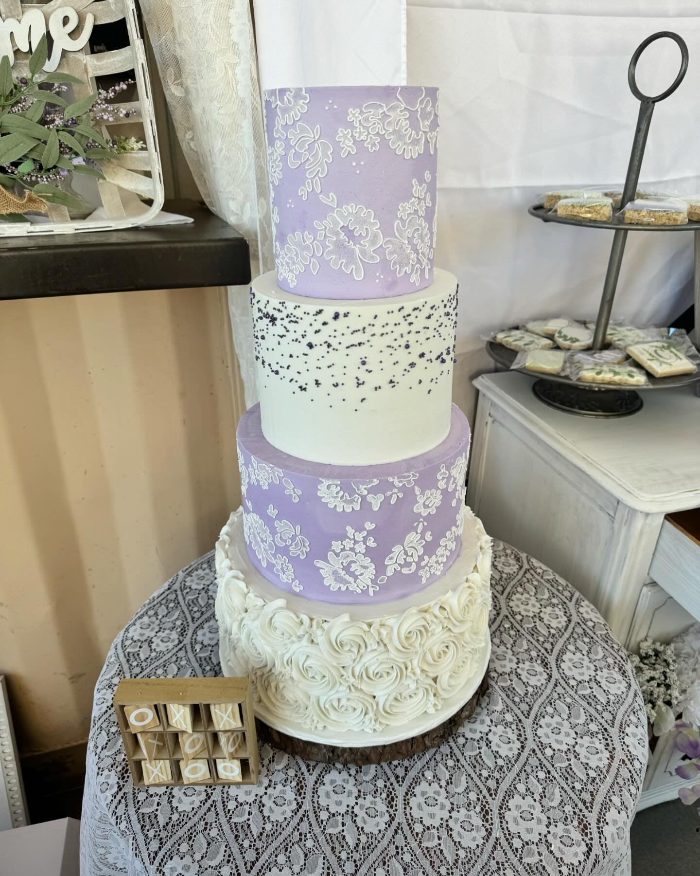 This past weekends cake was one for the books. Not only was it a four tier cake, it was also carrot cake with caramel filling. Two of the most time consuming desserts to make lol it also had a lace design that I&rsquo;ve never done before but it came