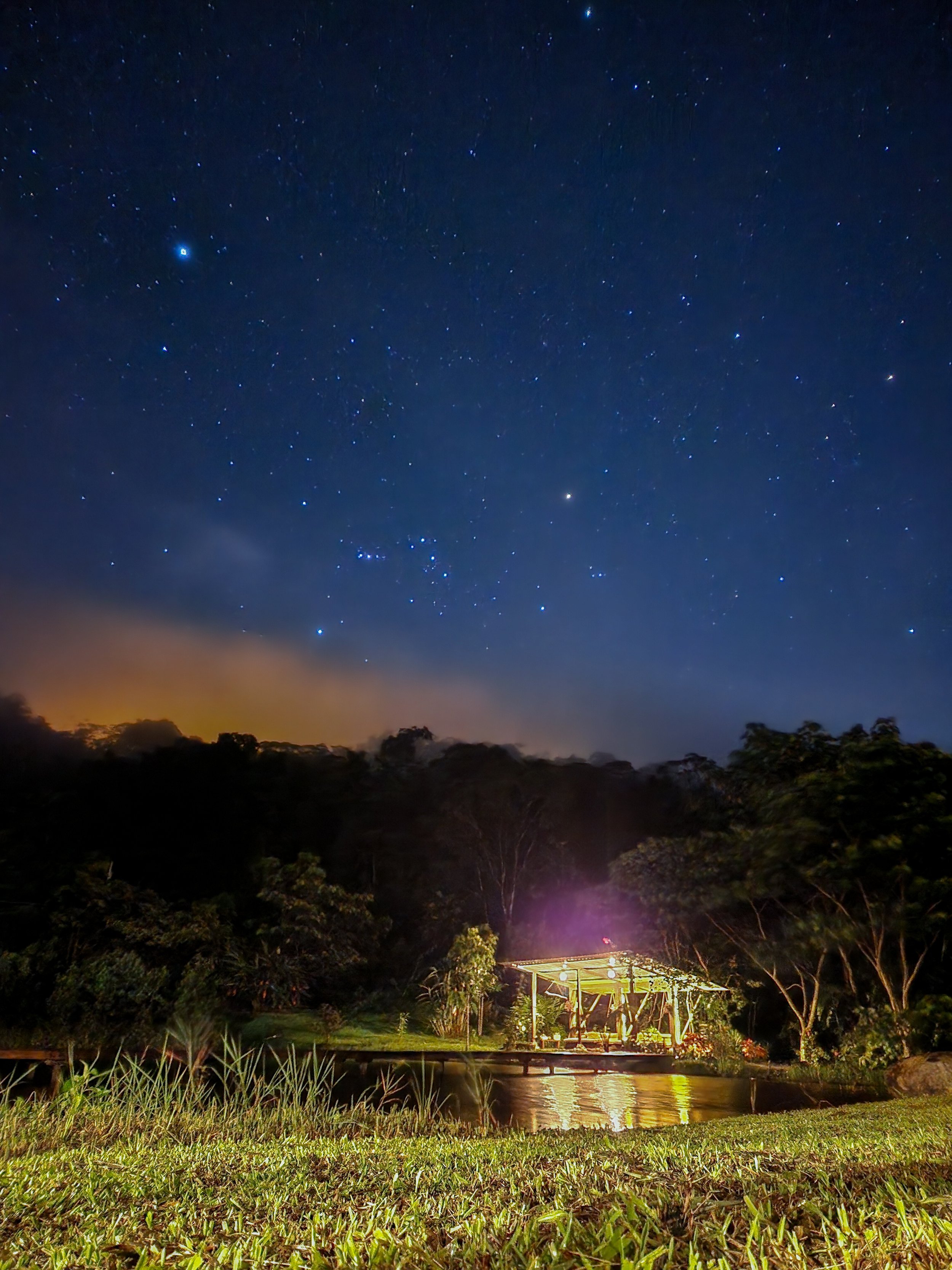 Paisaje nocturno con cielo estrellado, árboles, un lago y una estructura con iluminación