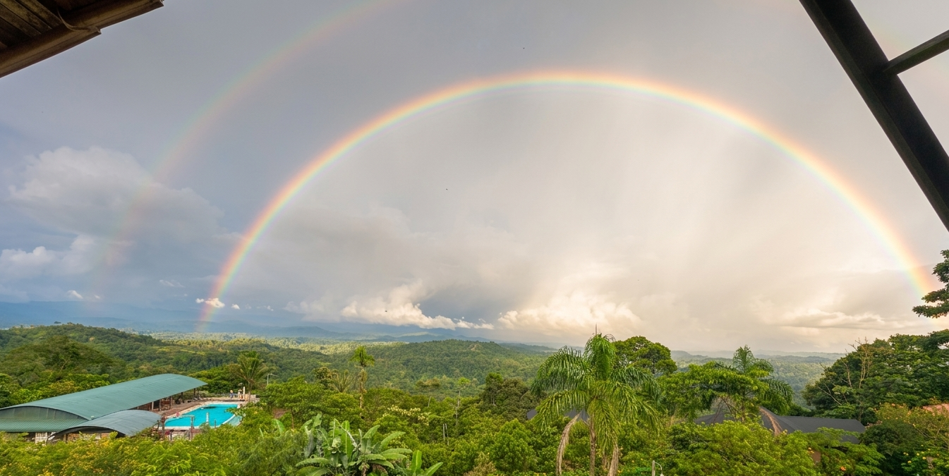 Dos arco iris en el cielo sobre un paisaje verde con árboles y una piscina.