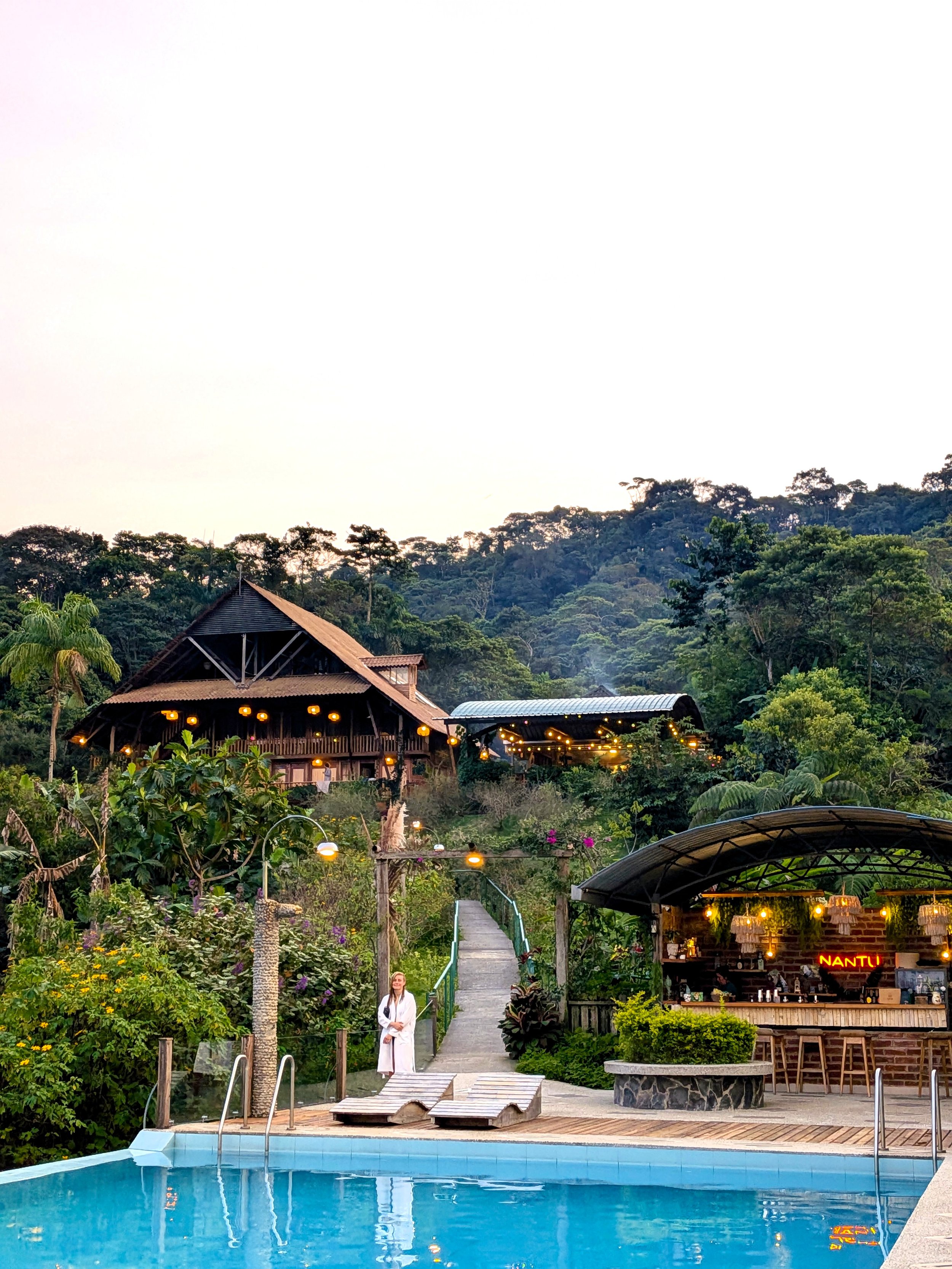 Vista de una piscina en primer plano, con zonas de descanso y una estructura de bar con iluminación en el fondo, rodeada de vegetación y árboles en una zona montañosa.