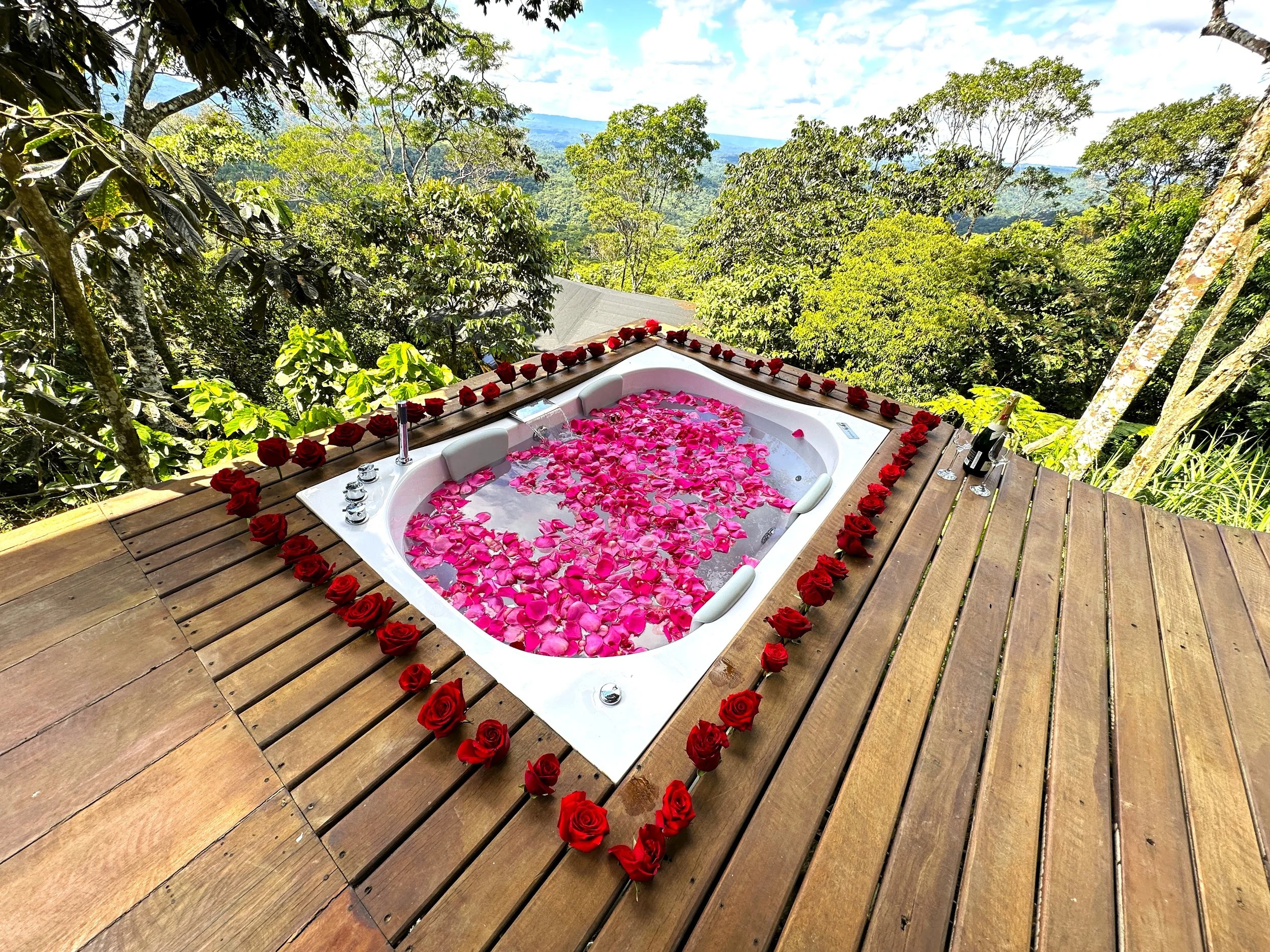 Jacuzzi rodeado de rosas rojas en una terraza de madera, con vistas a un bosque y montañas en el fondo, en un entorno natural.