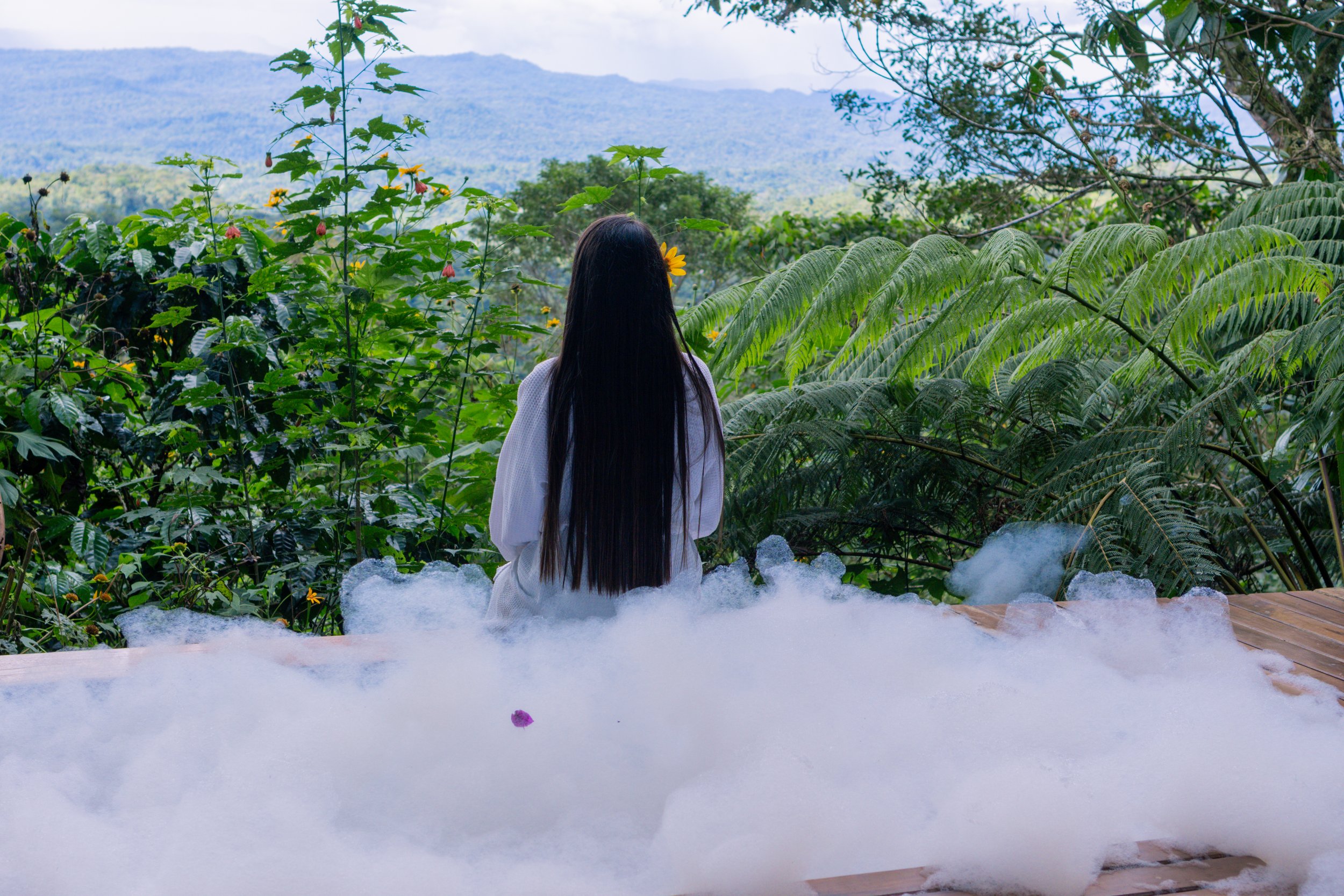Una mujer de espaldas, con cabello largo y oscuro, sentada en una plataforma de madera rodeada de mucha vegetación, mirando hacia un paisaje montañoso, con humo o vapor en la parte frontal.